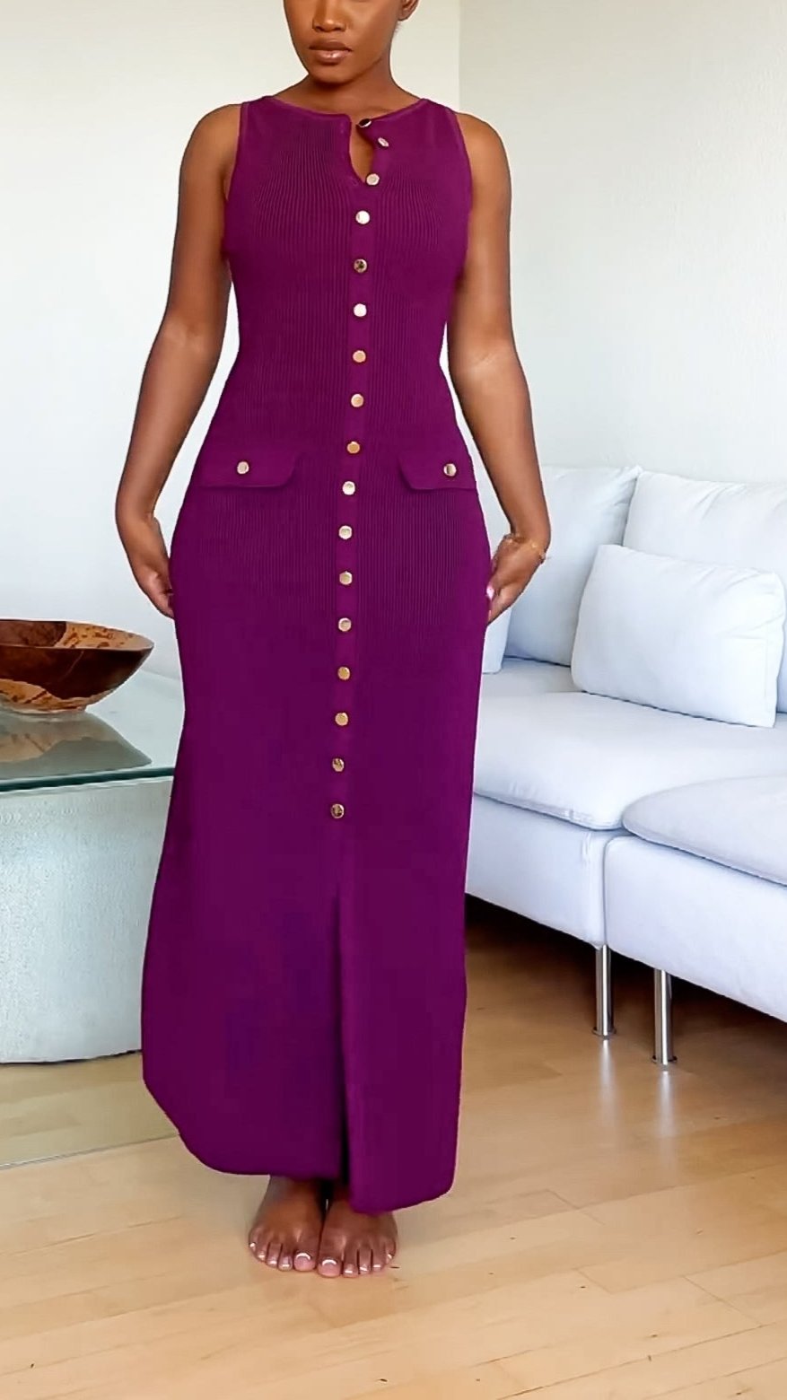 Sleeveless Metal Button Knit Dress