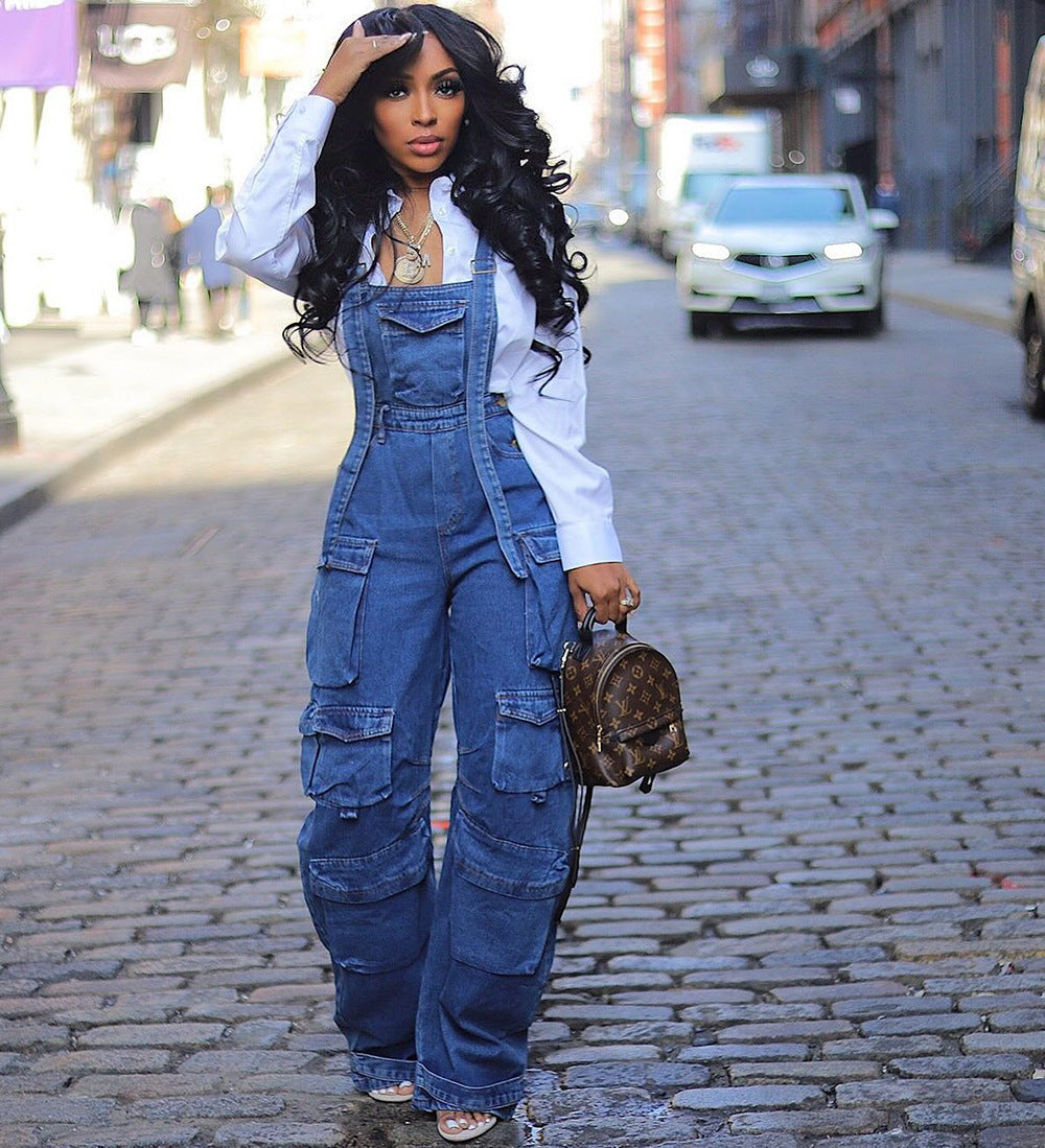 Loose Denim Suspender Work Pocket Jumpsuit