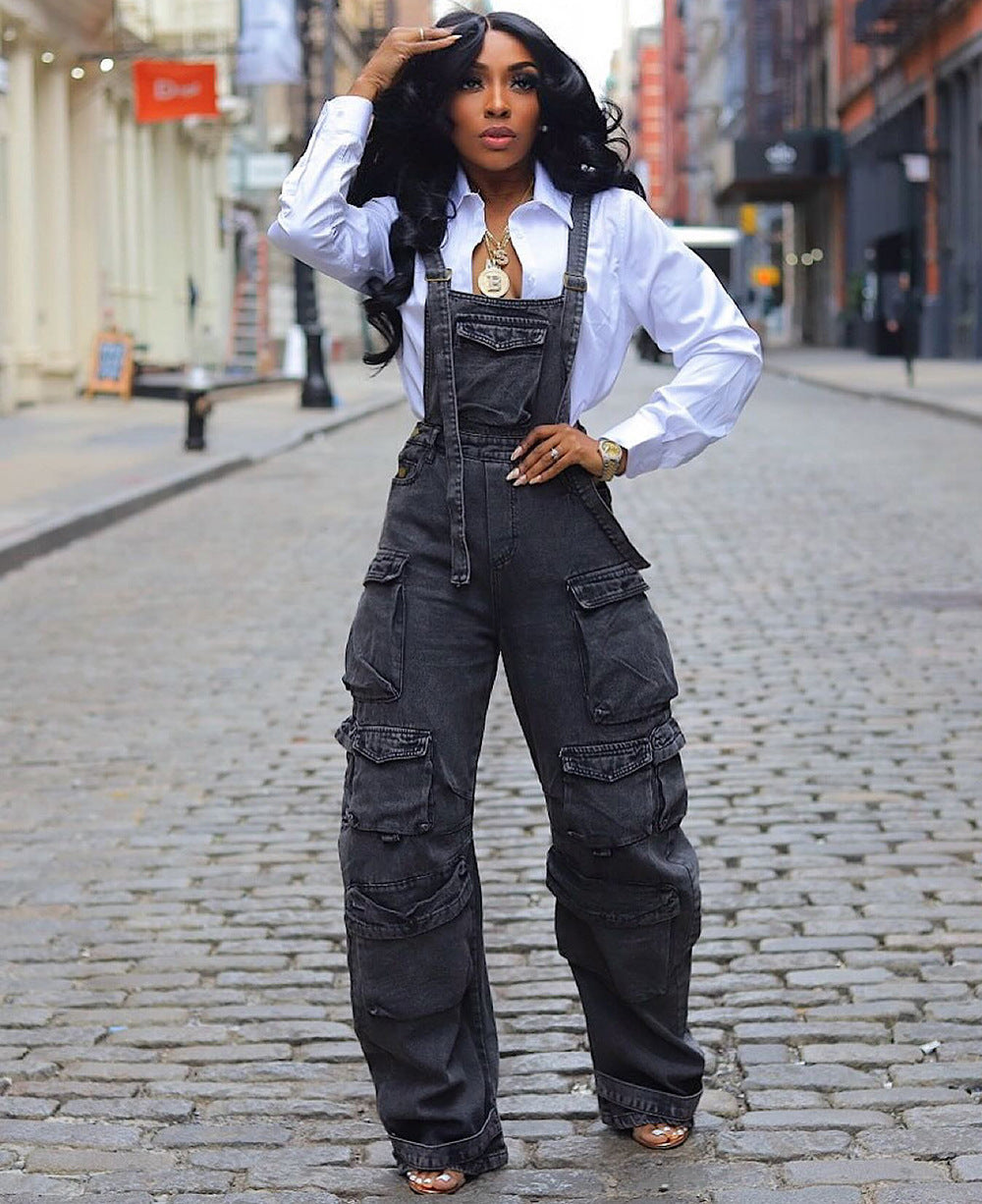Loose Denim Suspender Work Pocket Jumpsuit