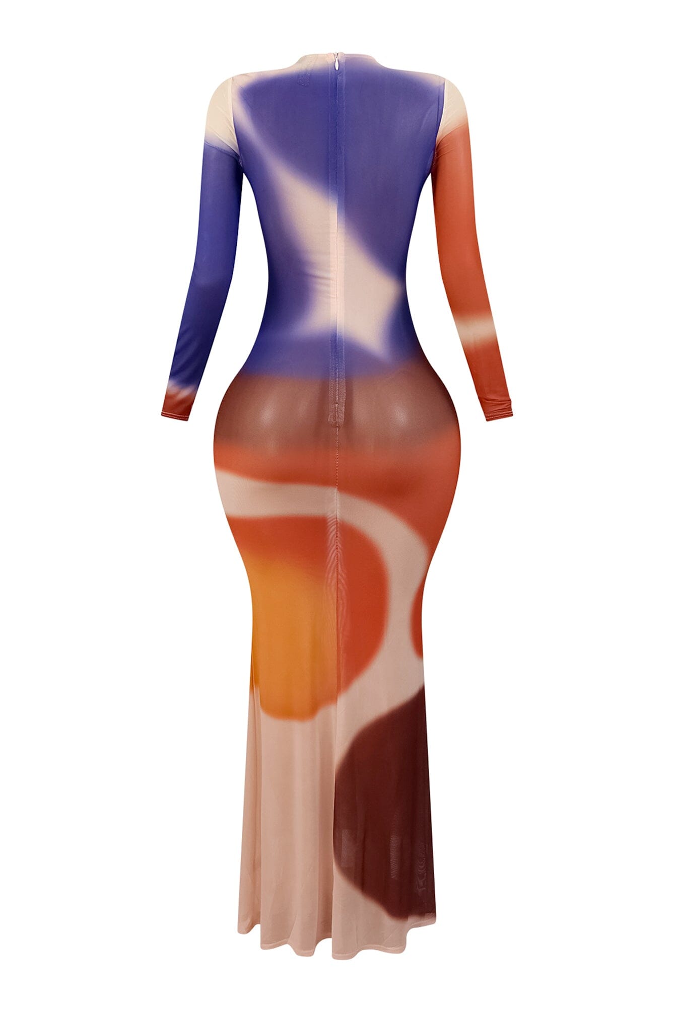Zen Print Mesh Long Sleeve Maxi Dress