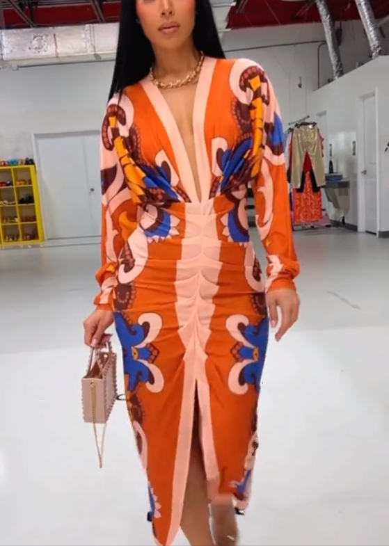 Multi-Color Deep V Neck Maxi Dress