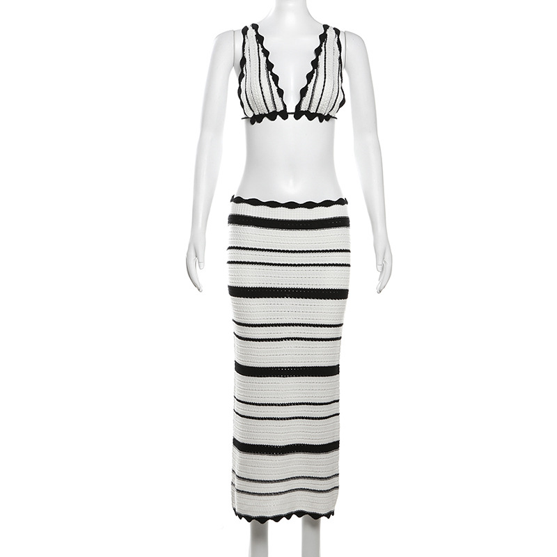 Deep V Neck Ruffled Knit 2-Piece Skirt Set