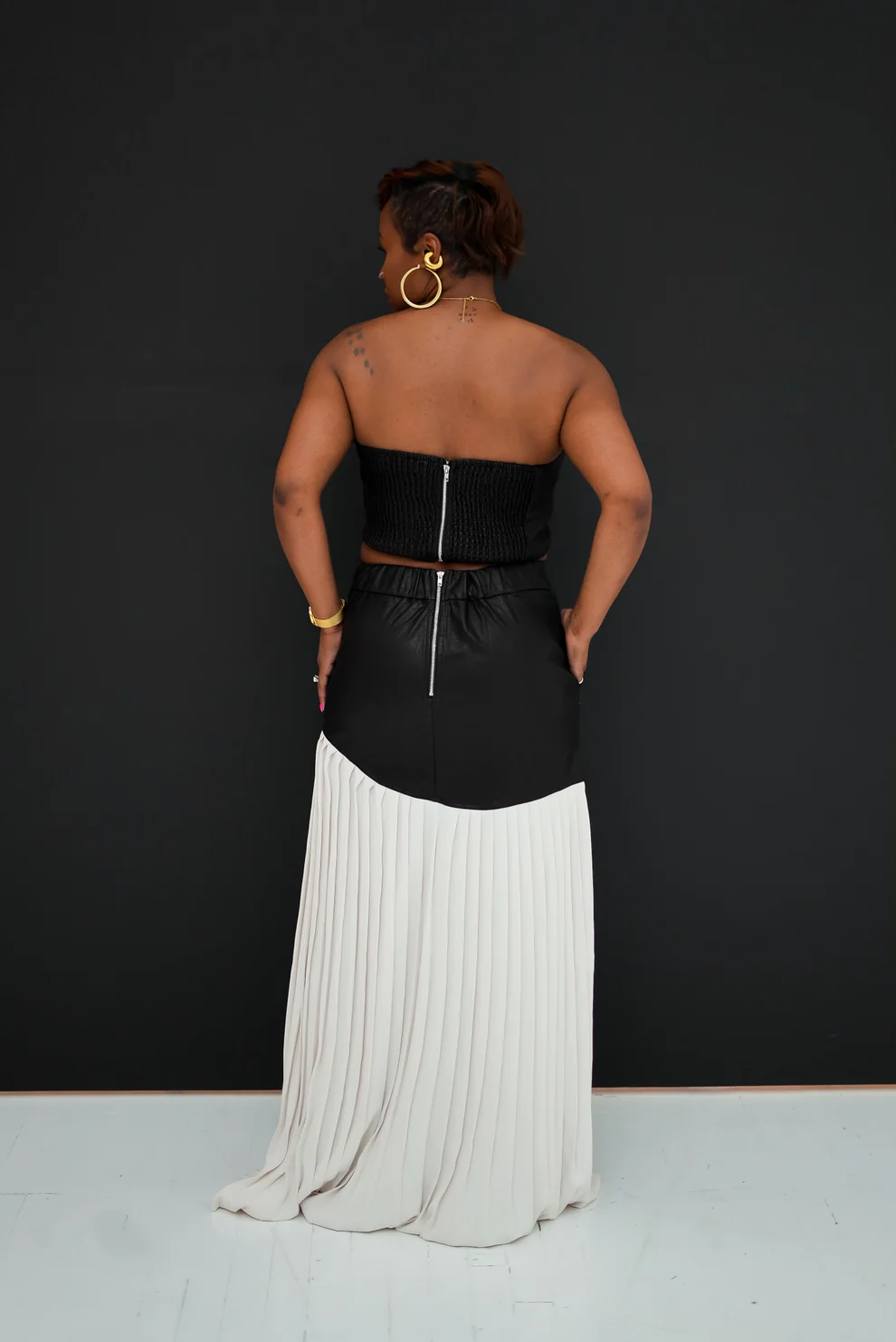 Black Leather Bustier Top & Pleated Slit Skirt Set