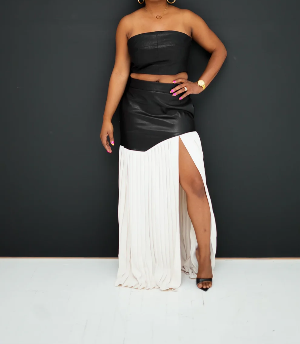 Black Leather Bustier Top & Pleated Slit Skirt Set
