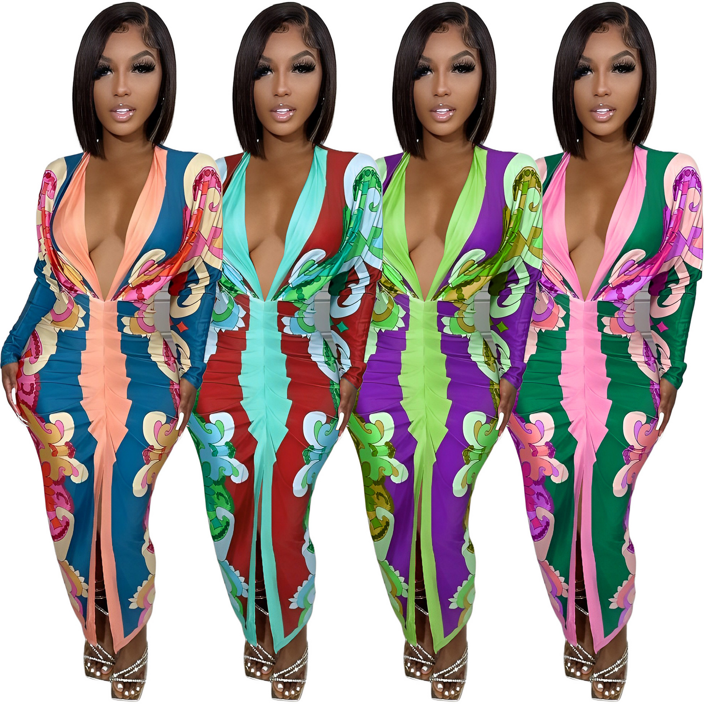 Multi-Color Deep V Neck Maxi Dress
