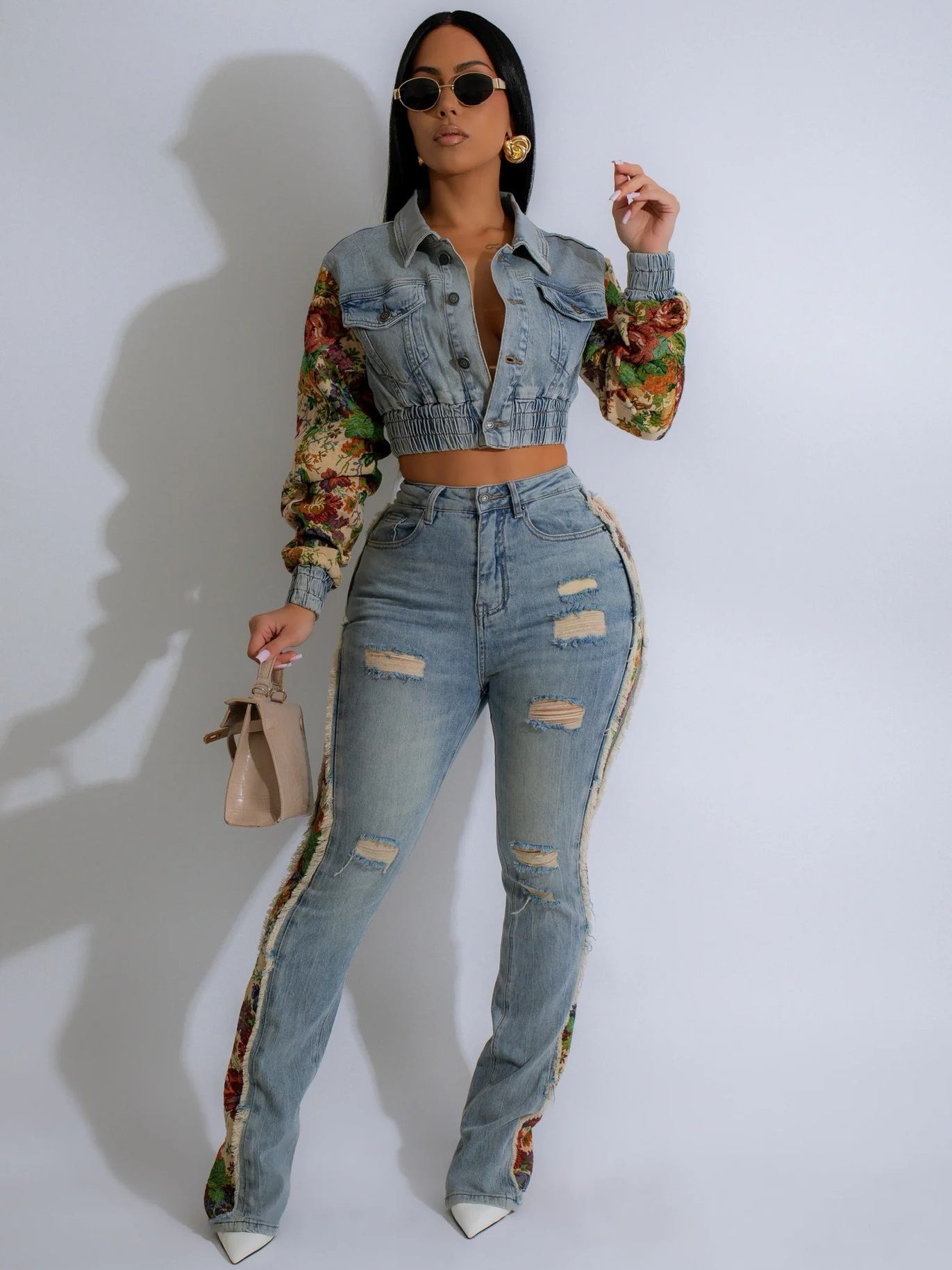 Jesse Tapestry Contrast Denim Jacket & Jeans Set