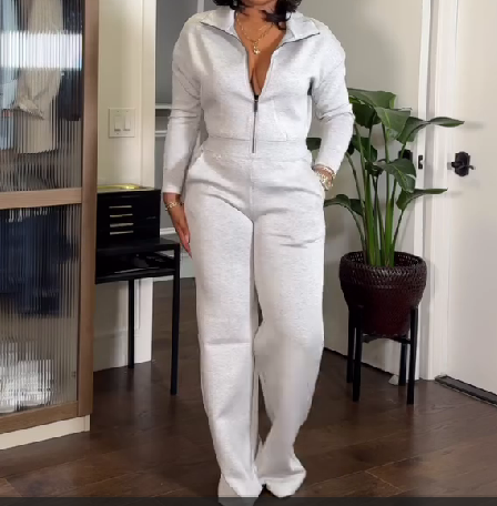 Solid Color Half Zip Jumpsuit