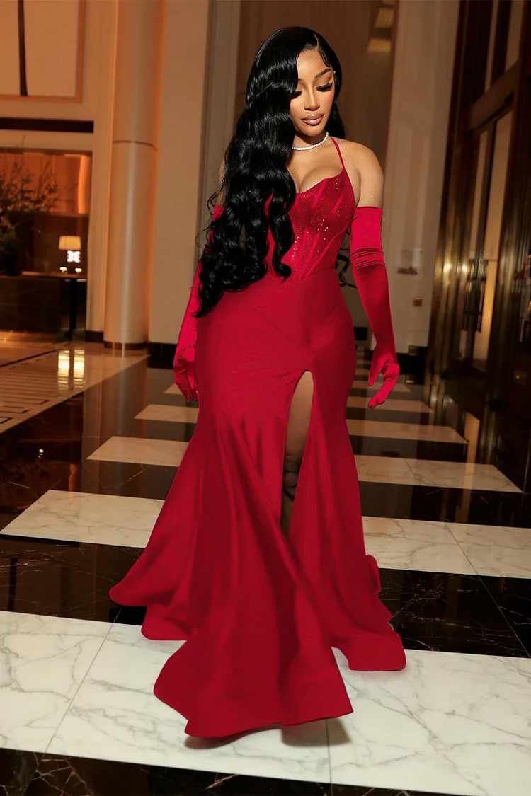 Halter Mermaid Hem High Slit Party Corset Maxi Dresses