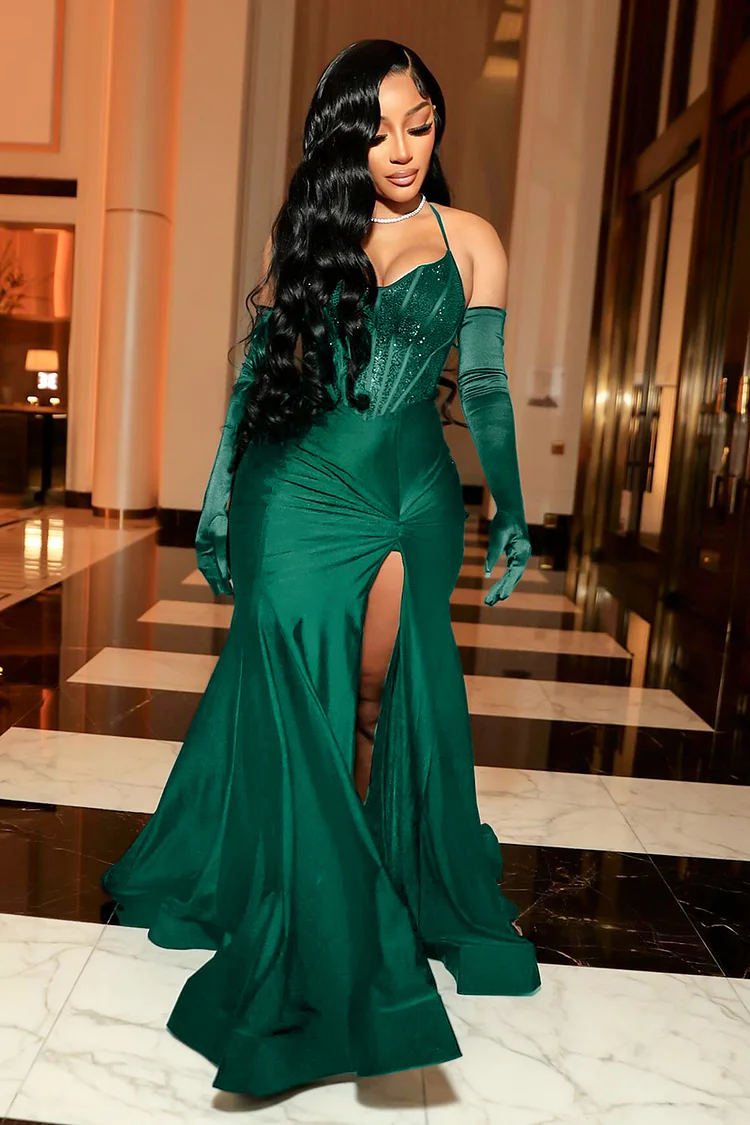 Halter Mermaid Hem High Slit Party Corset Maxi Dresses