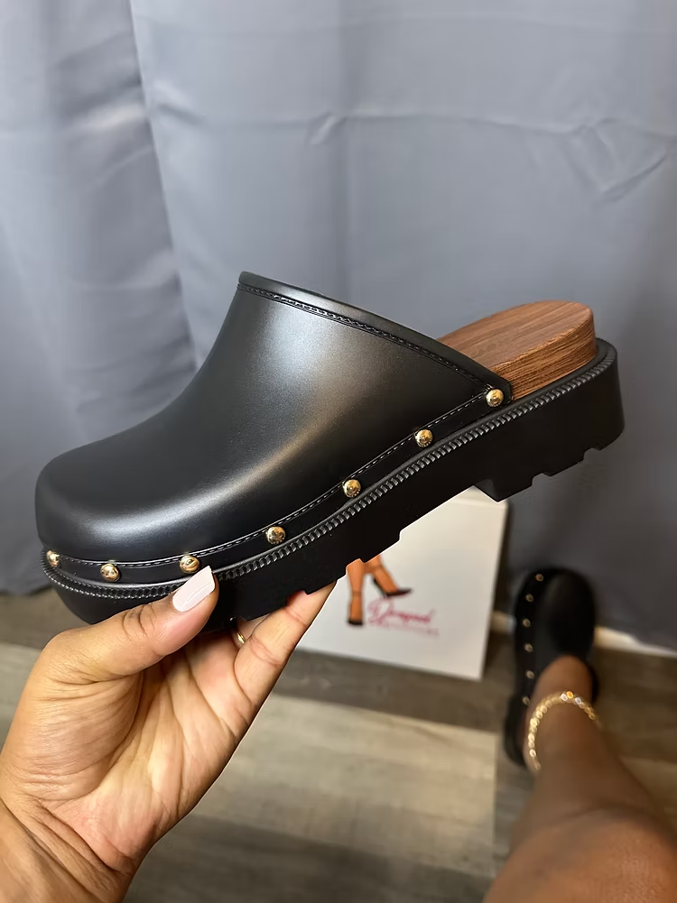 Leather Studded Trim Closed Toe Slide