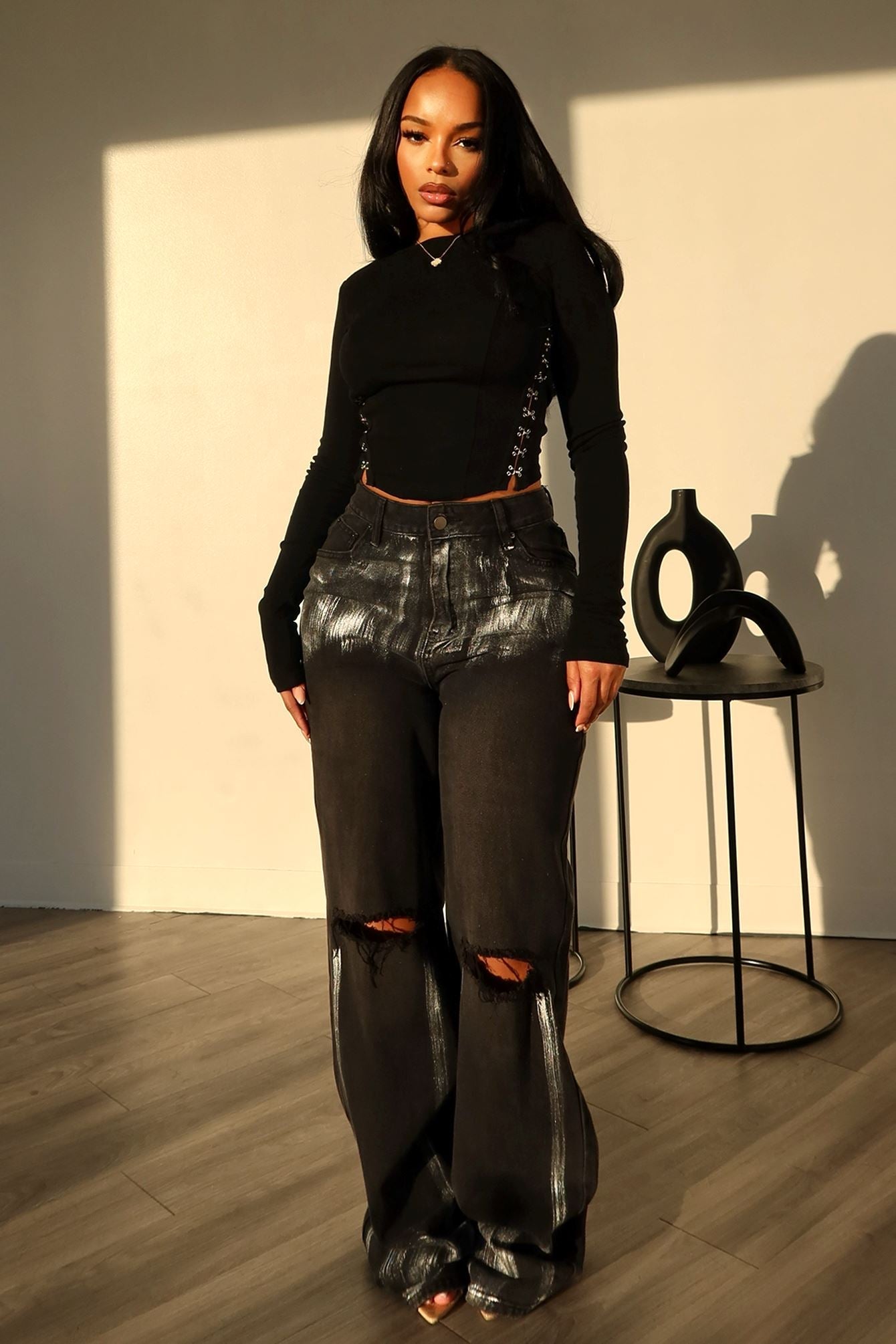 Draw Me Near Straight Denim Pants Bottoms EDGE Small Black/Silver