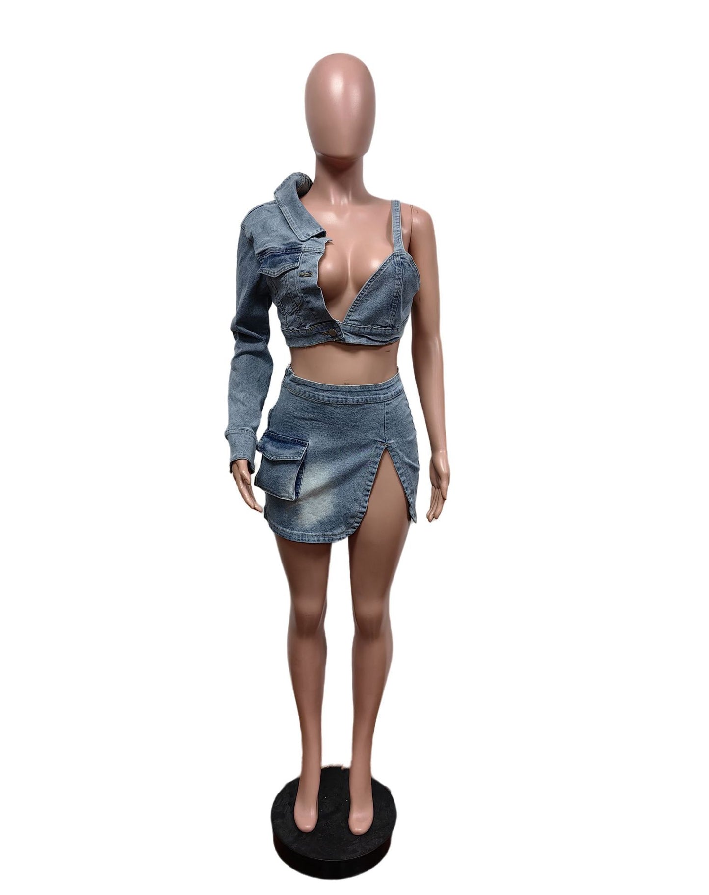 One Of Kind Denim Crop Top & Cargo Mini Skirt Set
