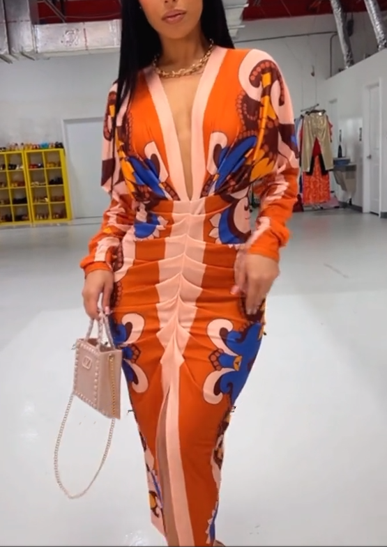 Multi-Color Deep V Neck Maxi Dress