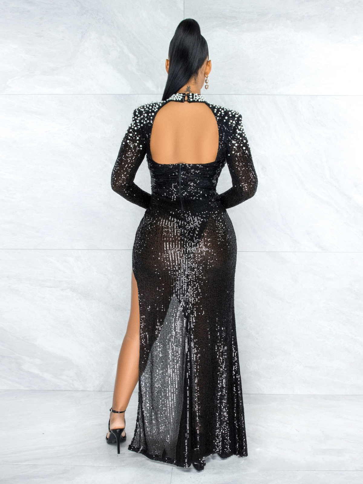 Mesh Sequin Contrast Color Beaded Slit Dress