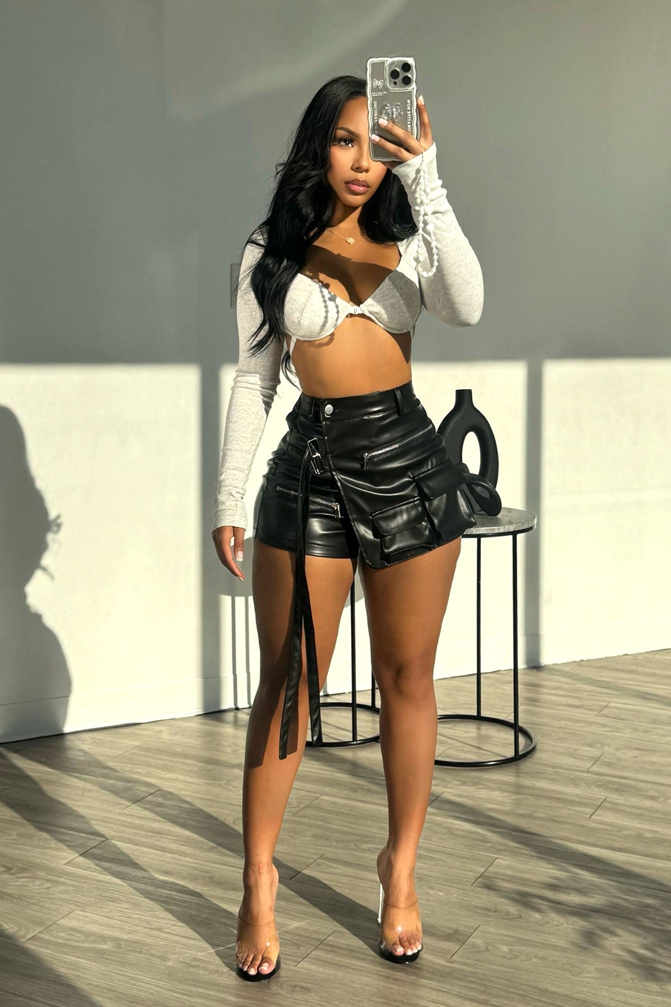 Trendy Half Wrap Faux Leather Shorts Bottoms EDGE