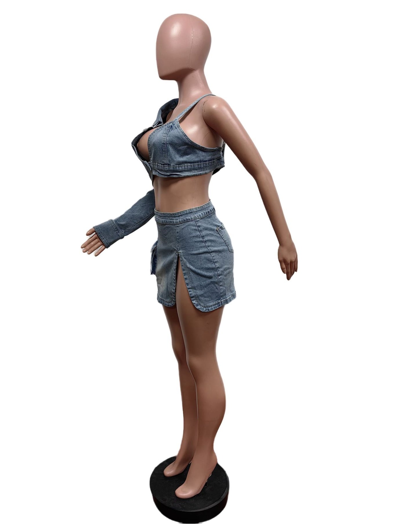 One Of Kind Denim Crop Top & Cargo Mini Skirt Set