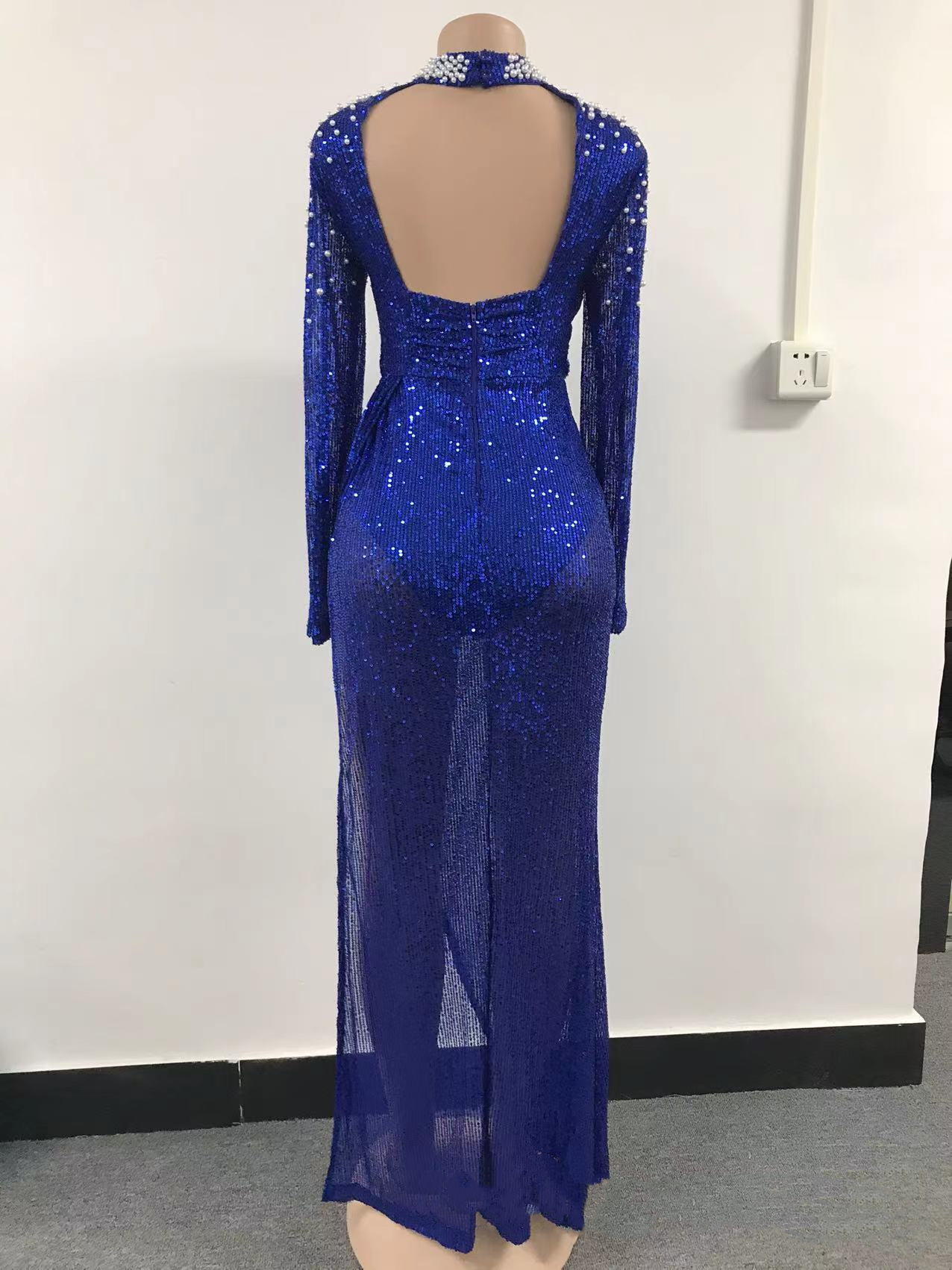 Mesh Sequin Contrast Color Beaded Slit Dress