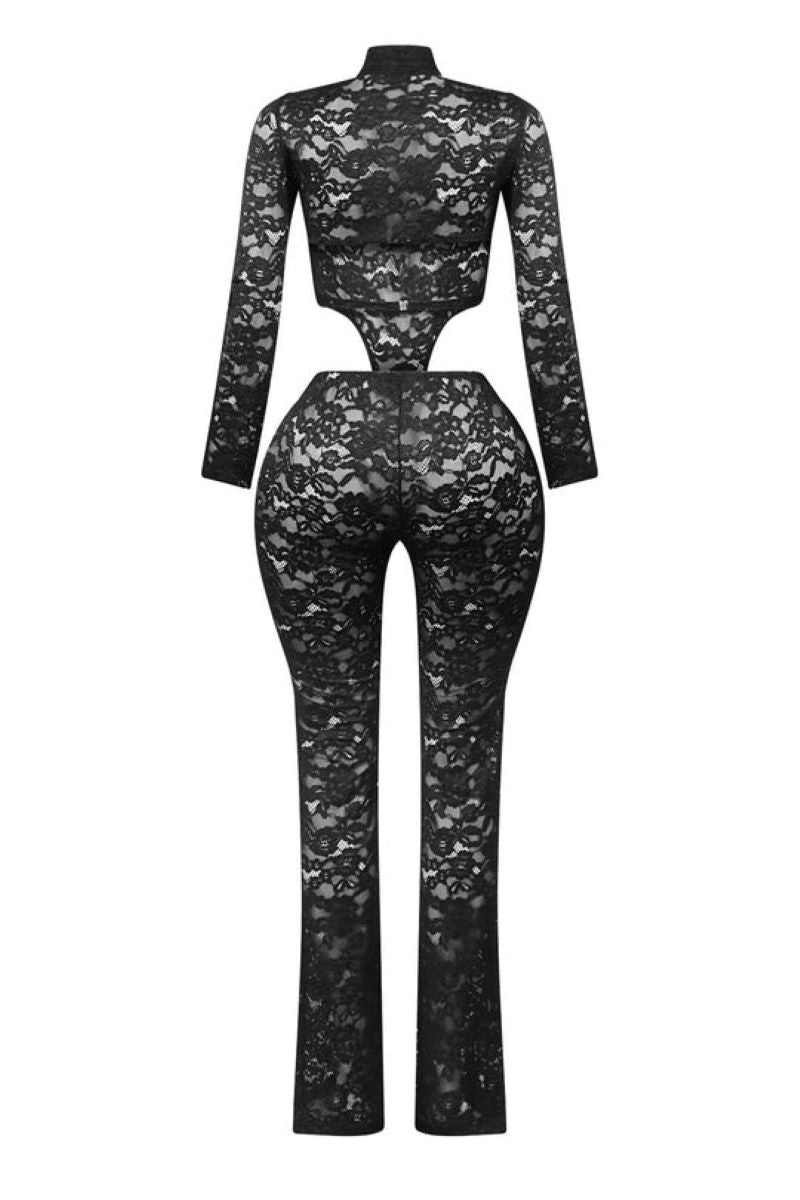 Long Sleeve Guipure Lace Cutout Bodycon Jumpsuit-Black