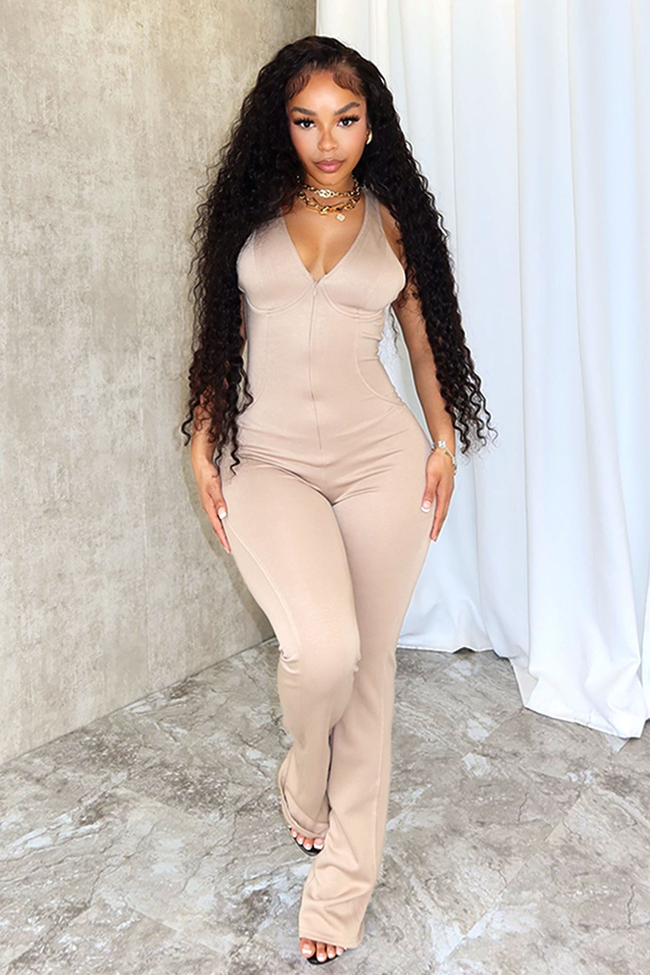 Sand Dune Zip Up Flare Jumpsuit