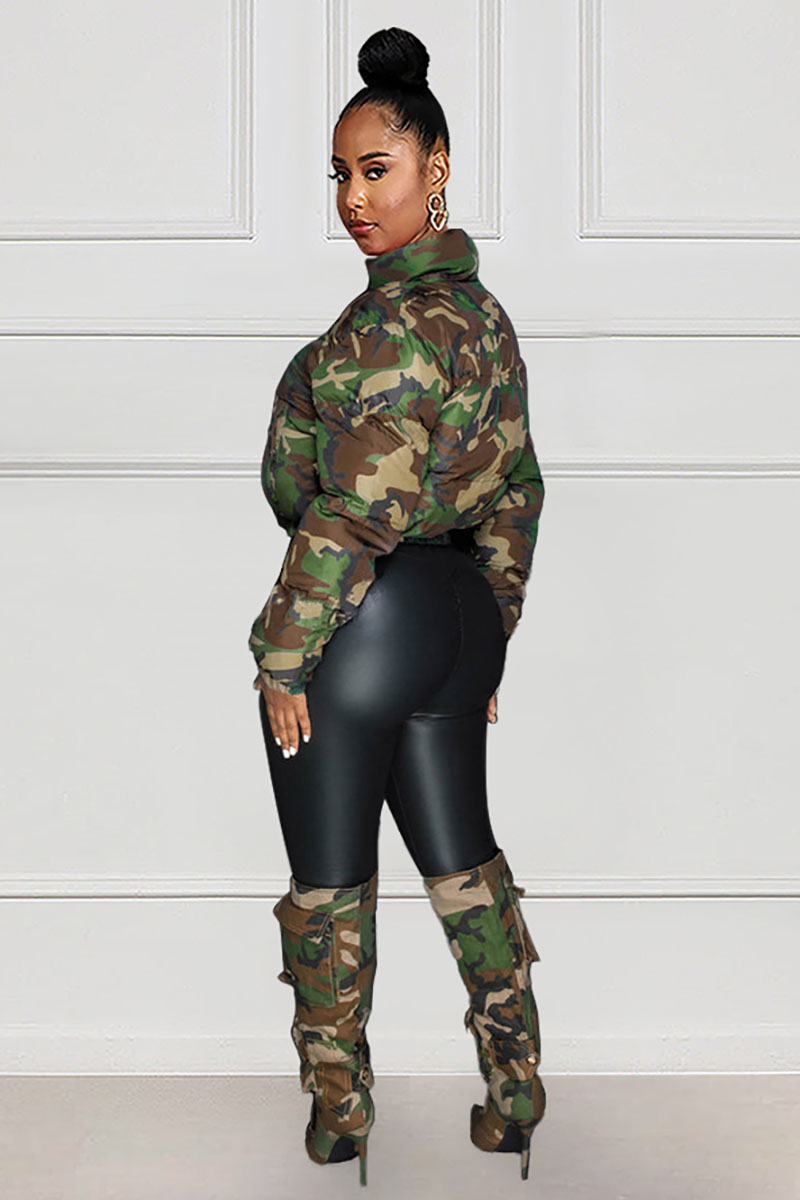 Camo Print Long Sleeve Zip Crop Padded Jacket-Green