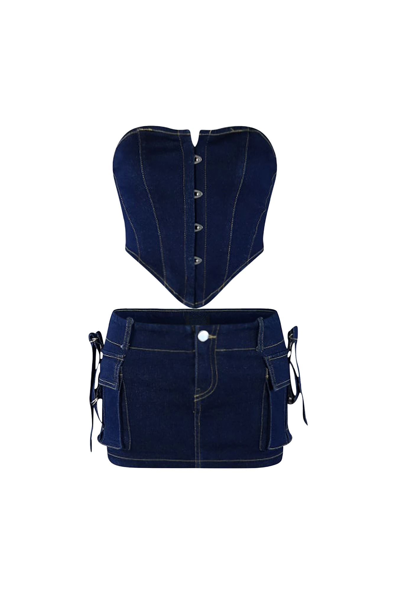 About It Denim Bustier Top & Skirt SET matching sets EDGE Small Blue