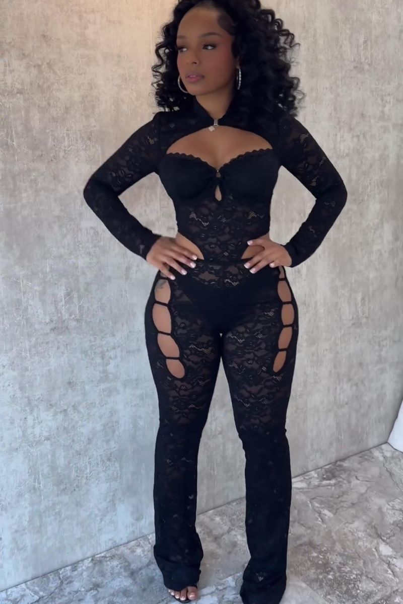 Long Sleeve Guipure Lace Cutout Bodycon Jumpsuit-Black