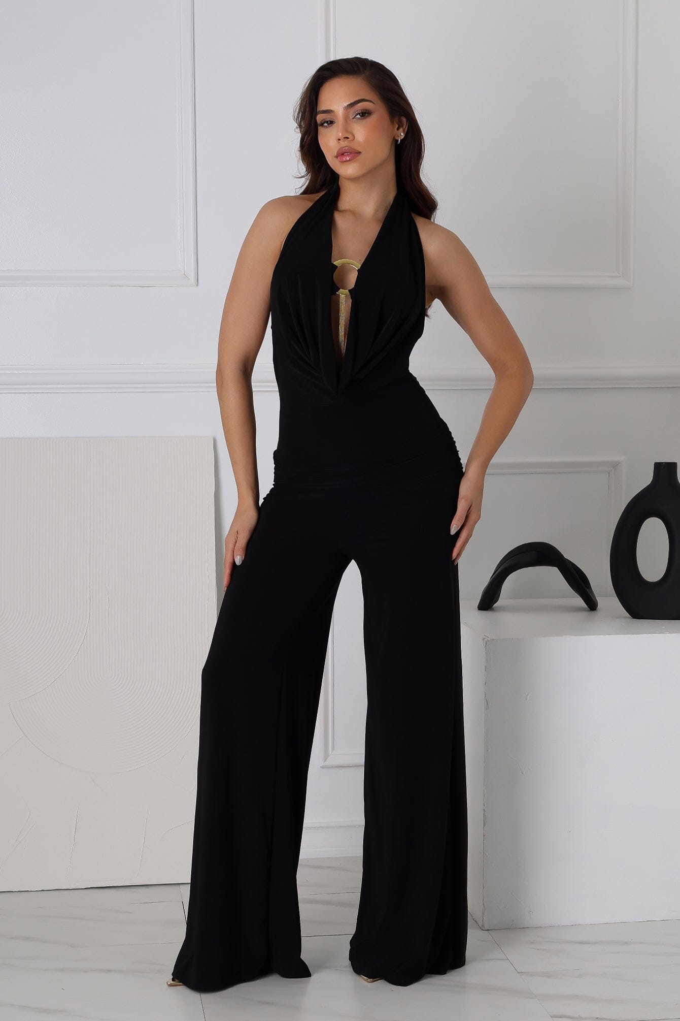 Plunge Cowl Neck Jumpsuit with Tube Top