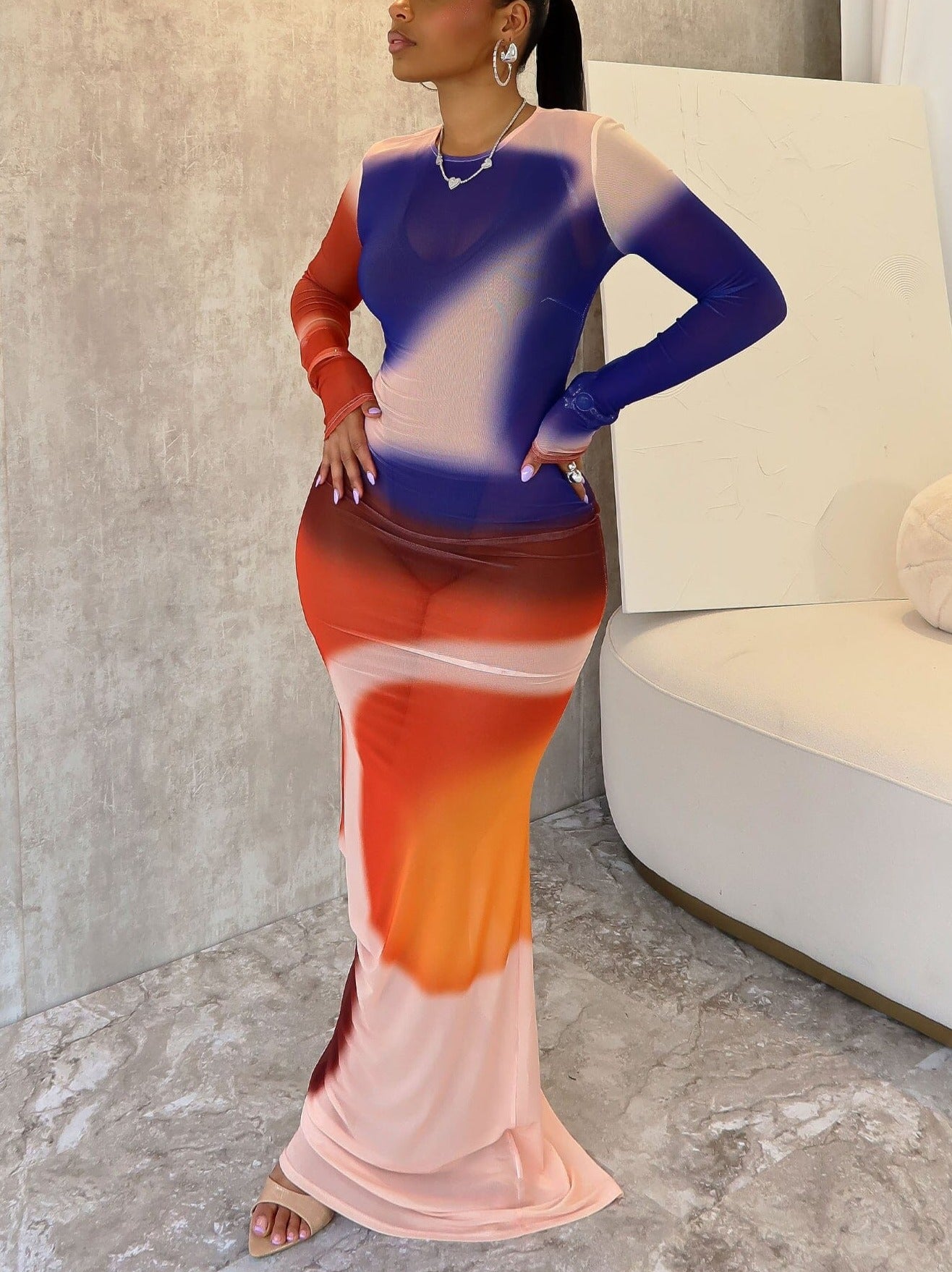 Zen Print Mesh Long Sleeve Maxi Dress