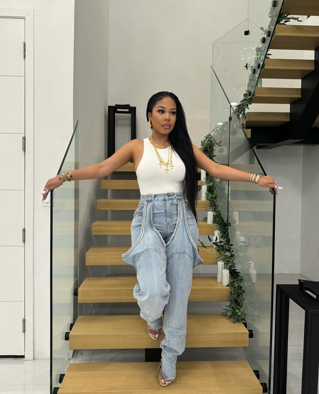 Thigh High Double Denim Pants