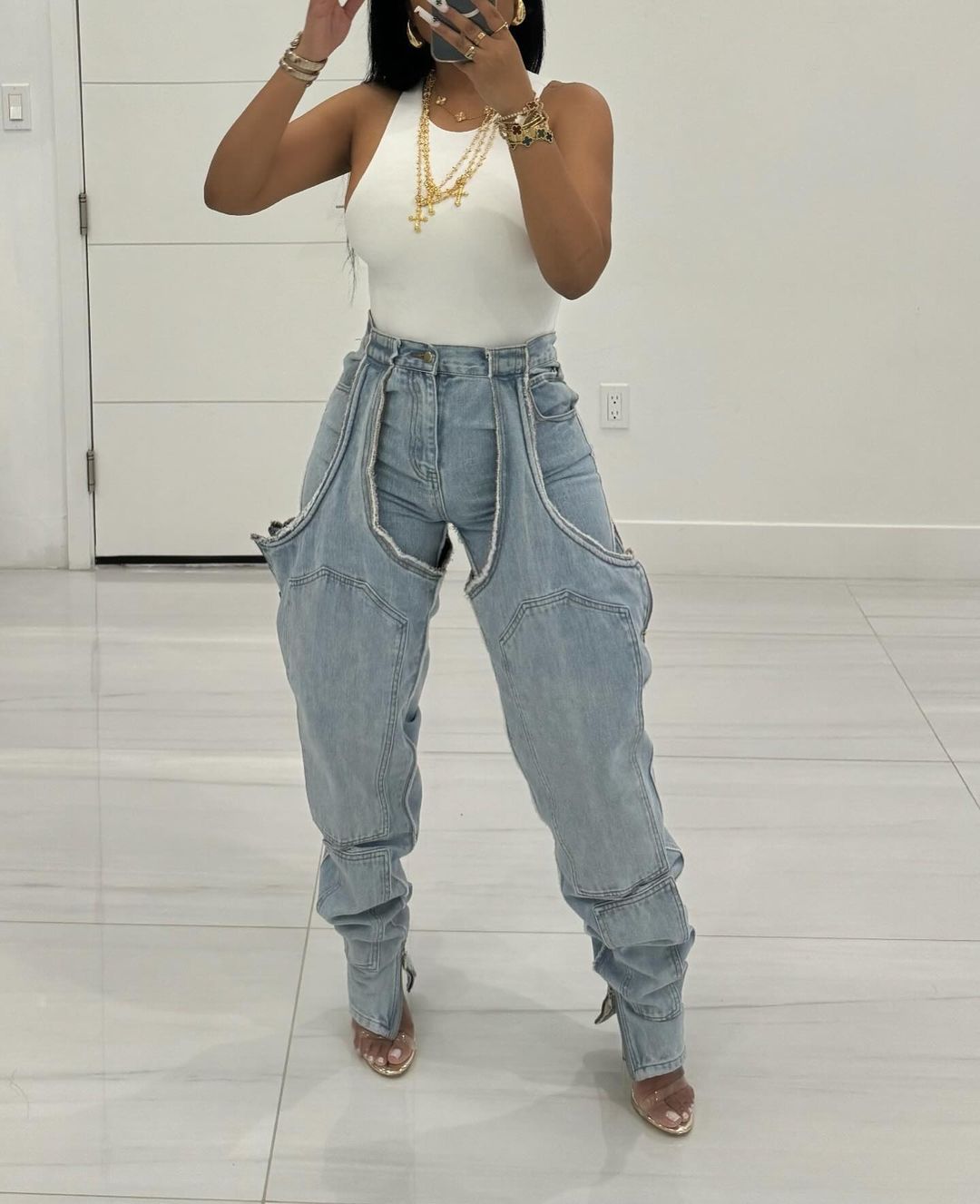 Thigh High Double Denim Pants