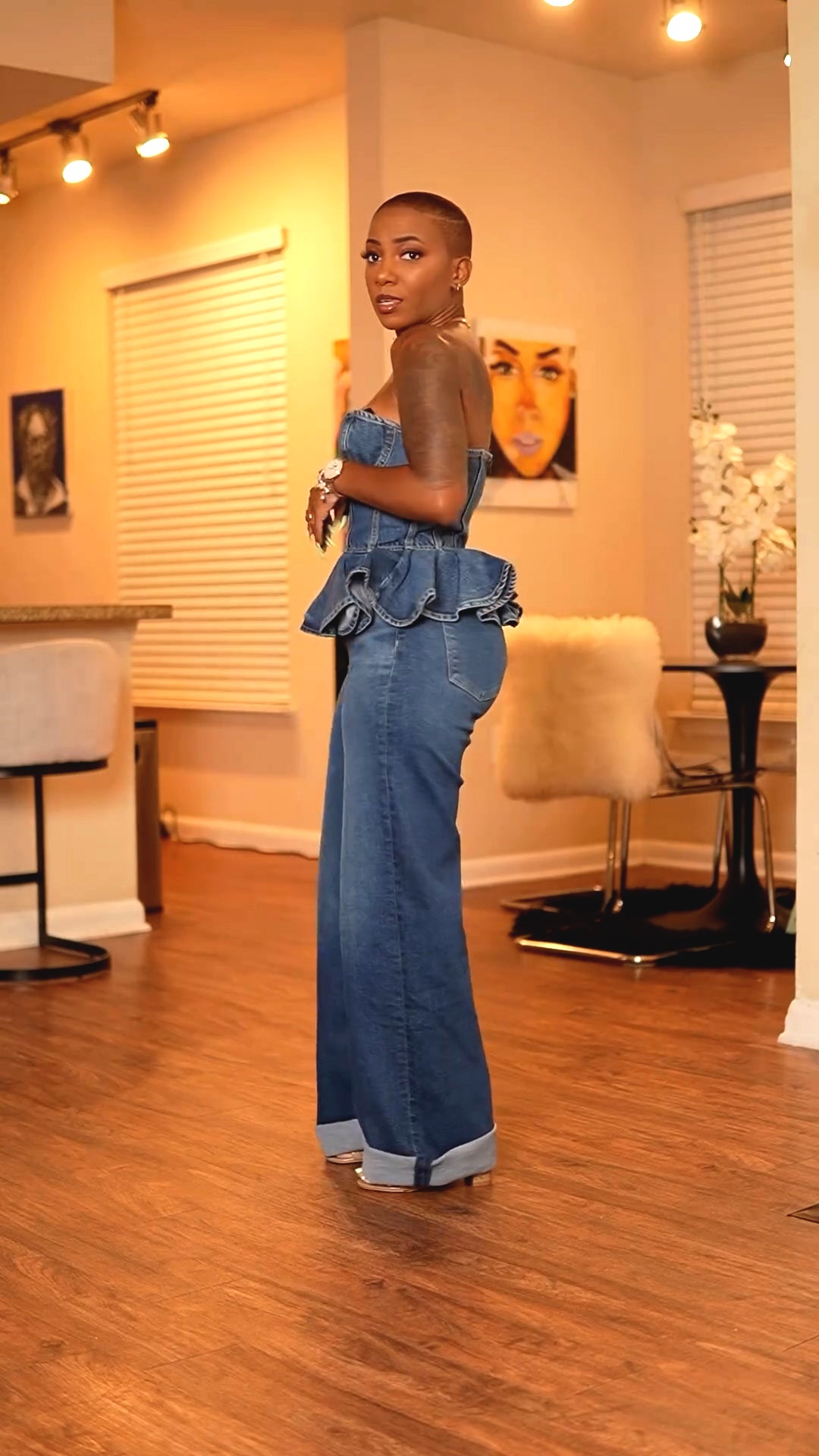 Denim Ruffle Corset Top & Pants SET