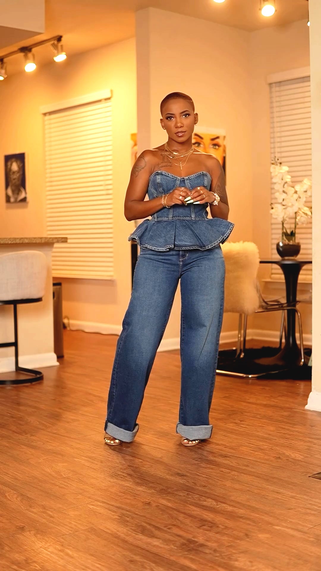 Denim Ruffle Corset Top & Pants SET