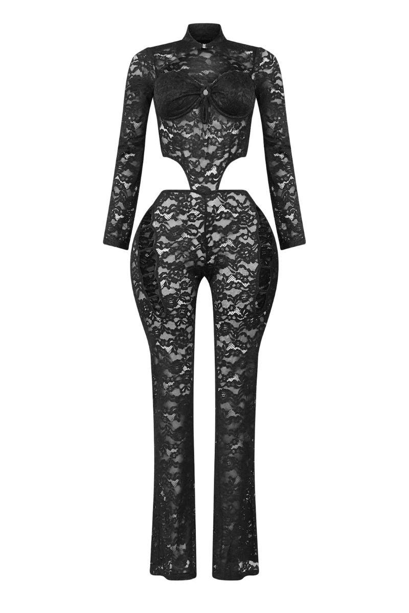 Long Sleeve Guipure Lace Cutout Bodycon Jumpsuit-Black