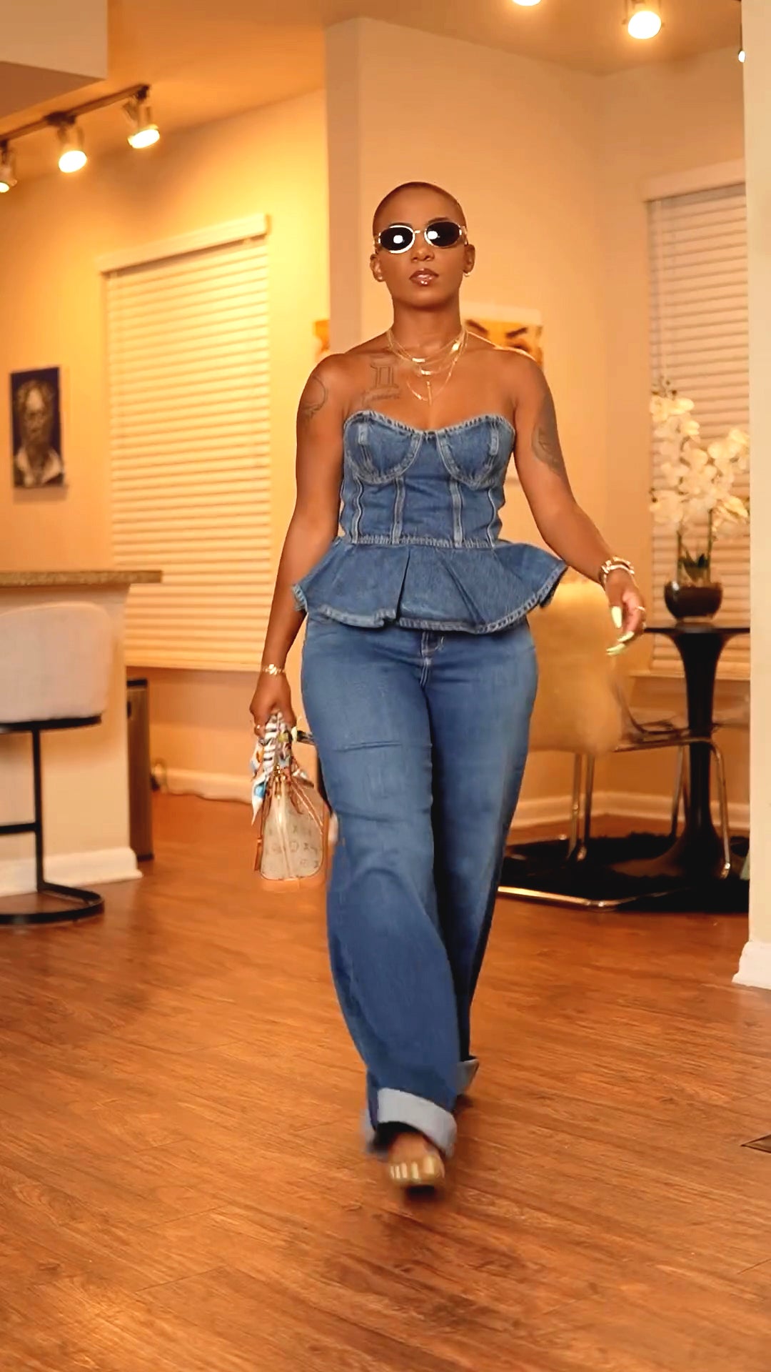 Denim Ruffle Corset Top & Pants SET