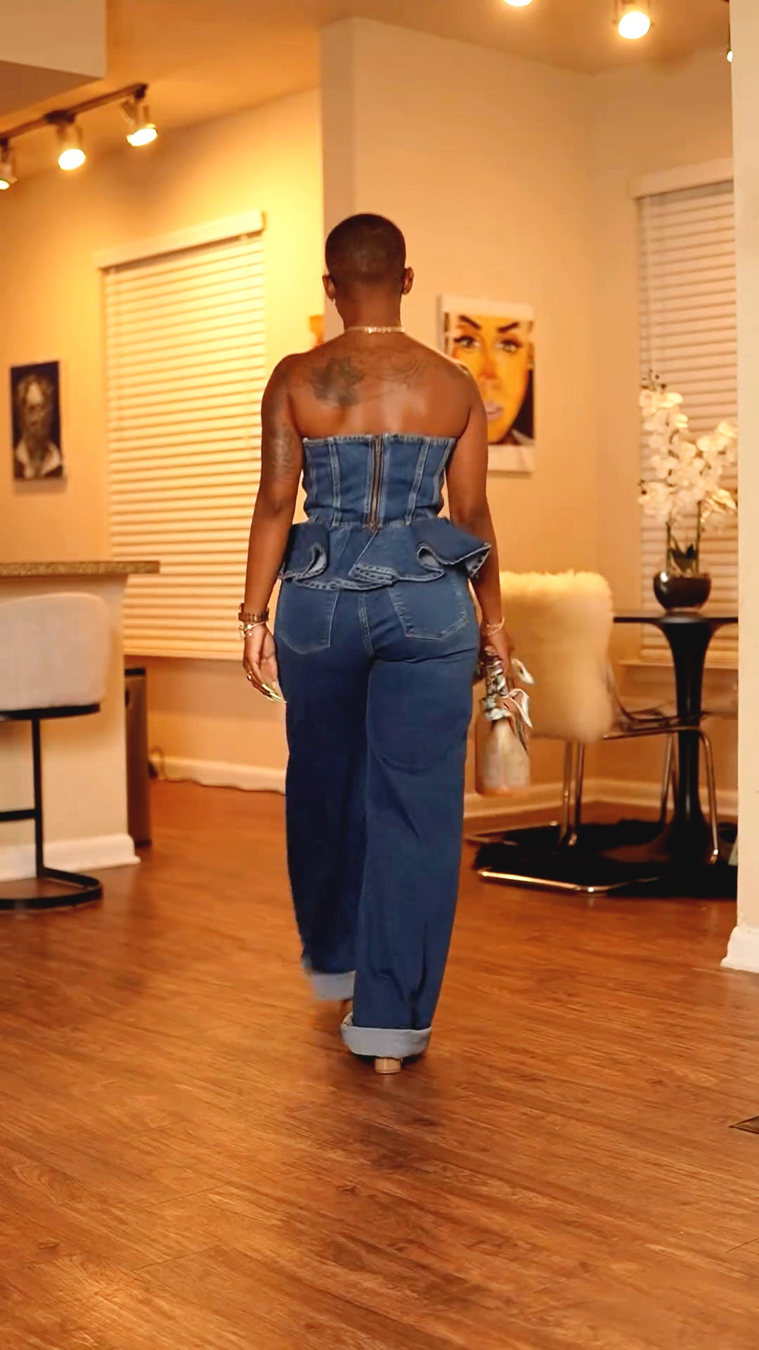 Denim Ruffle Corset Top & Pants SET