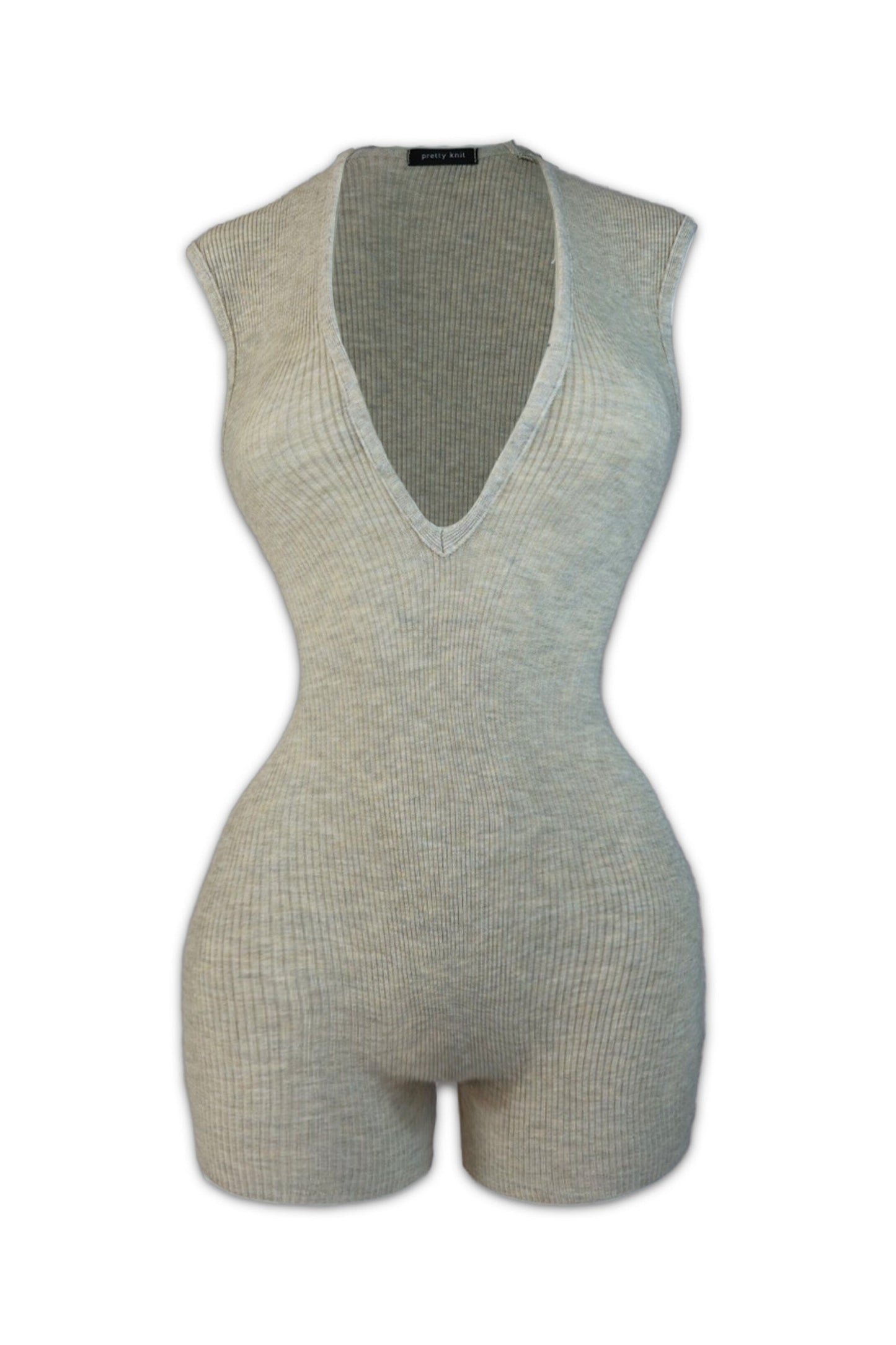 Top Tier Ribbed V Neck Romper - Oatmeal - EDGEbyKS