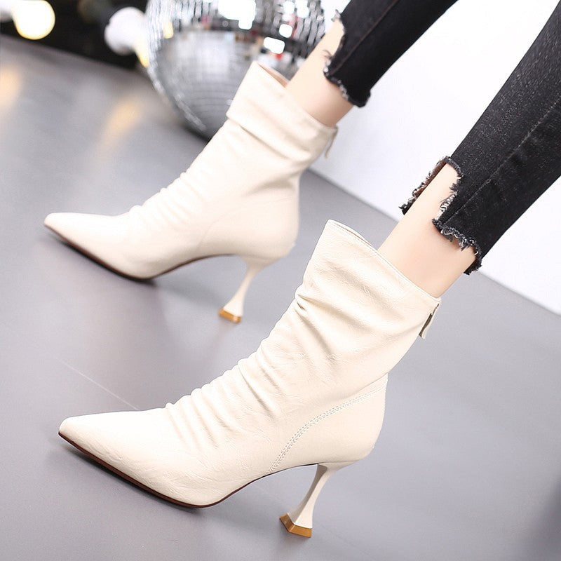 Kitten Heel Pleated Skinny Short Boots