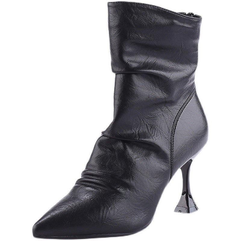 Kitten Heel Pleated Skinny Short Boots