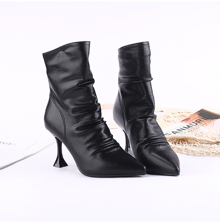 Kitten Heel Pleated Skinny Short Boots