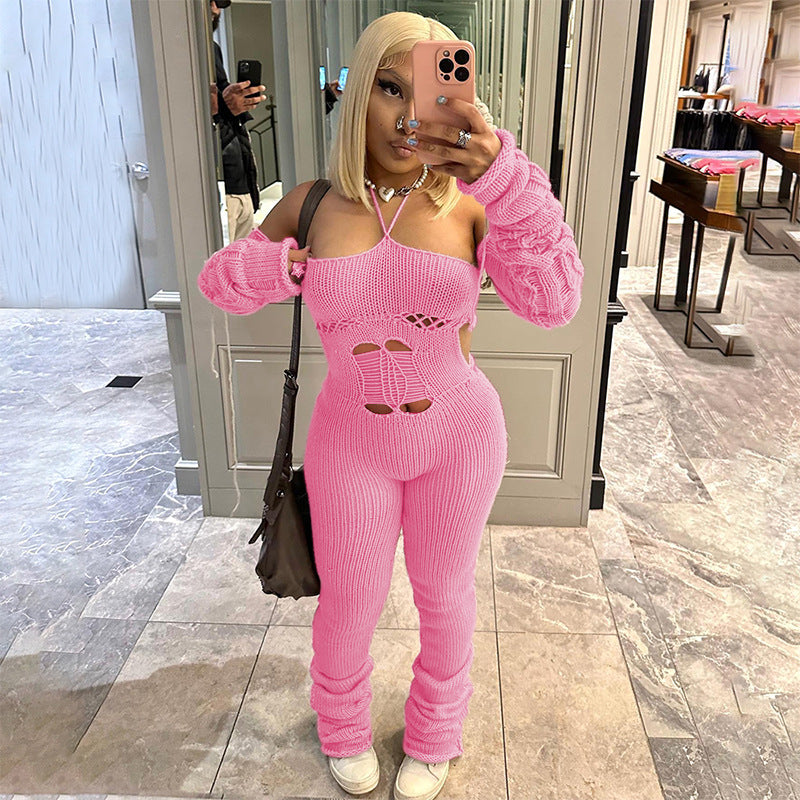 Halterneck Knitted Cutout Jumpsuit