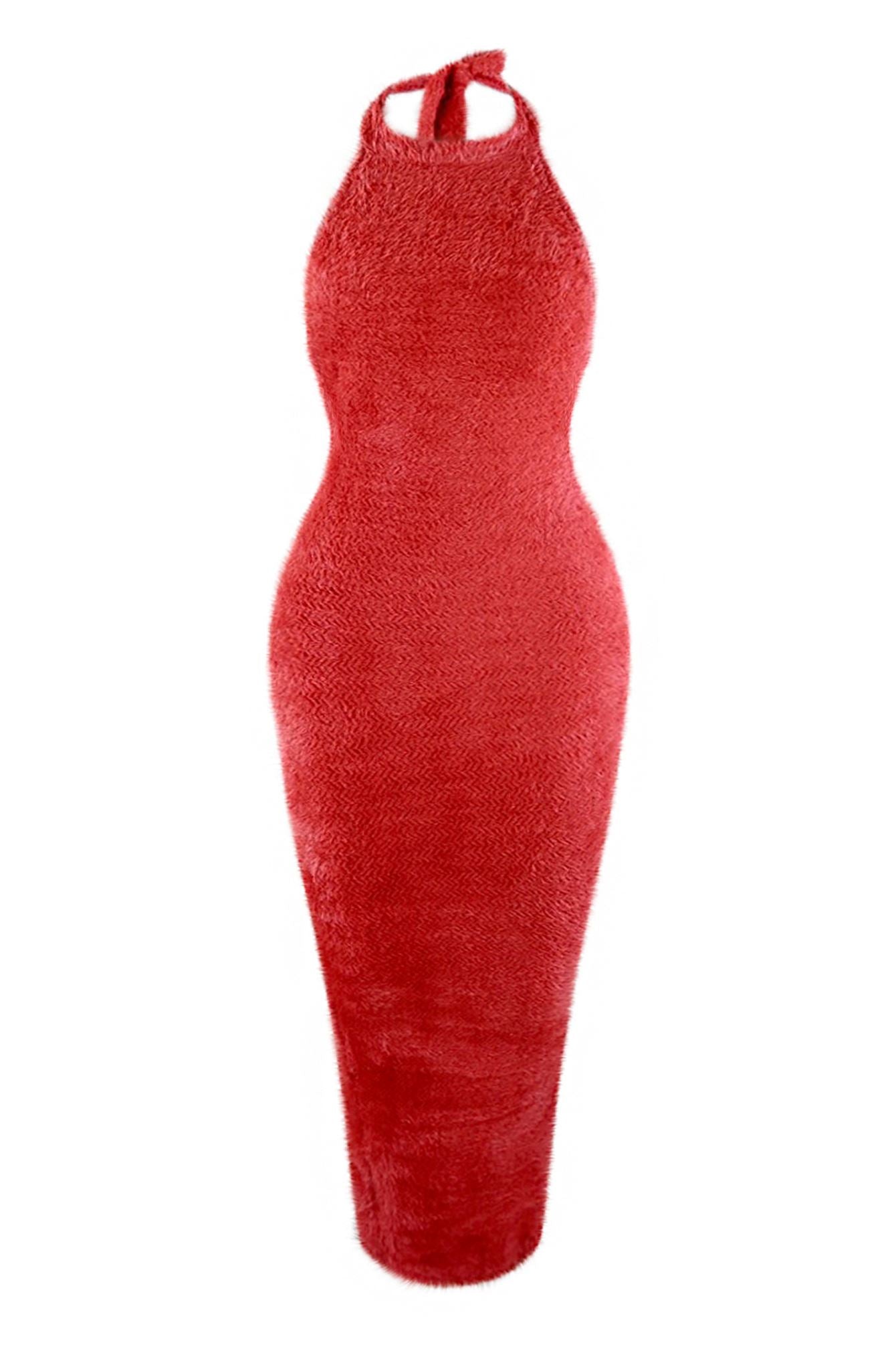Hot Flame Fuzzy Knit Halter Tie dress Dresses EDGE Small Red