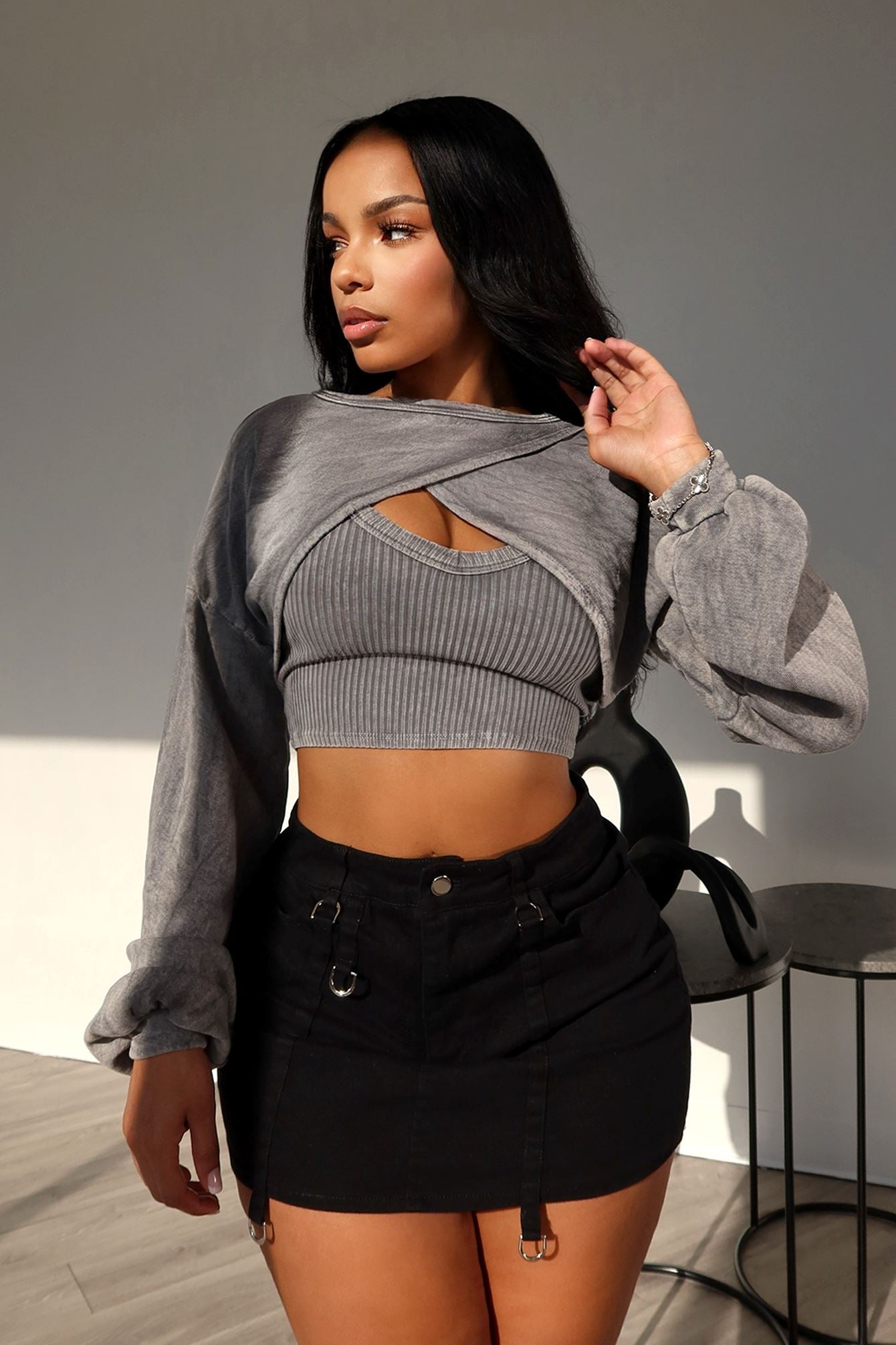 Harper Mineral Washed Top & Bolero Set Crop Top EDGE Small Cement
