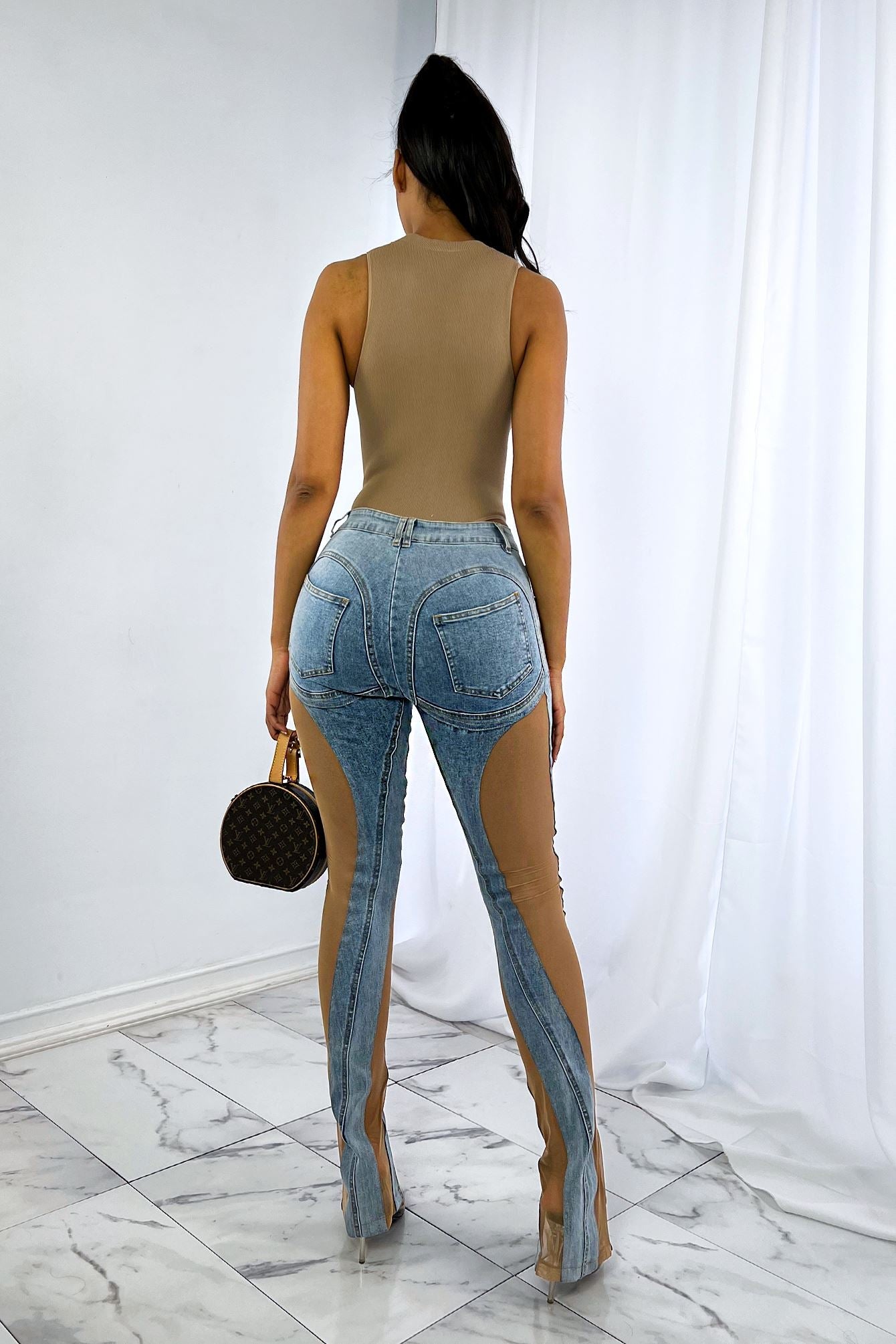 Spiraling Denim Mesh Contrast Skinny Jeans Bottoms EDGE