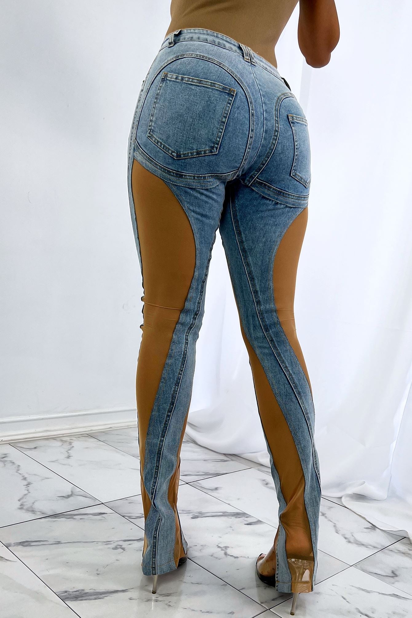 Spiraling Denim Mesh Contrast Skinny Jeans Bottoms EDGE
