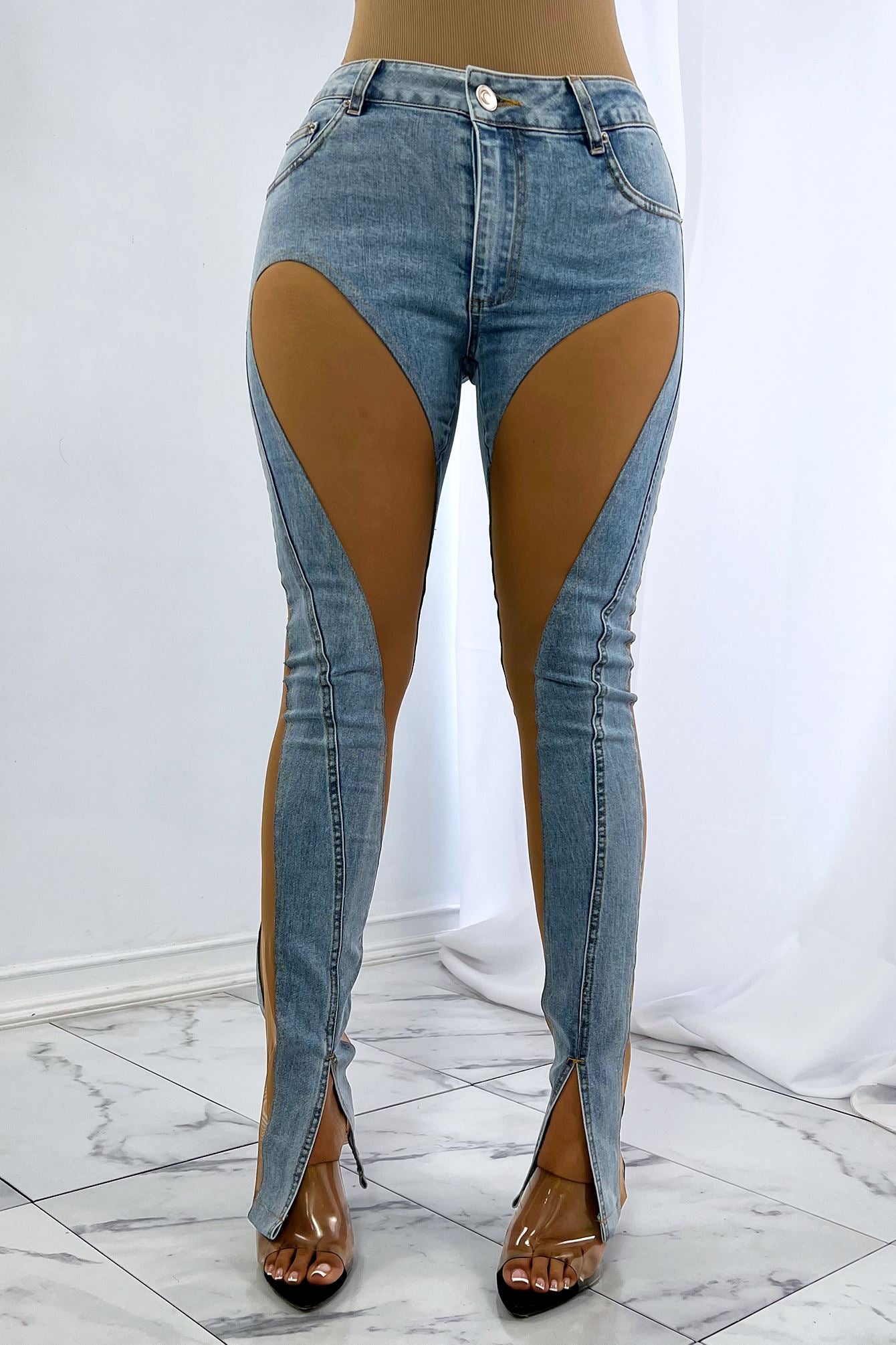 Spiraling Denim Mesh Contrast Skinny Jeans Bottoms EDGE