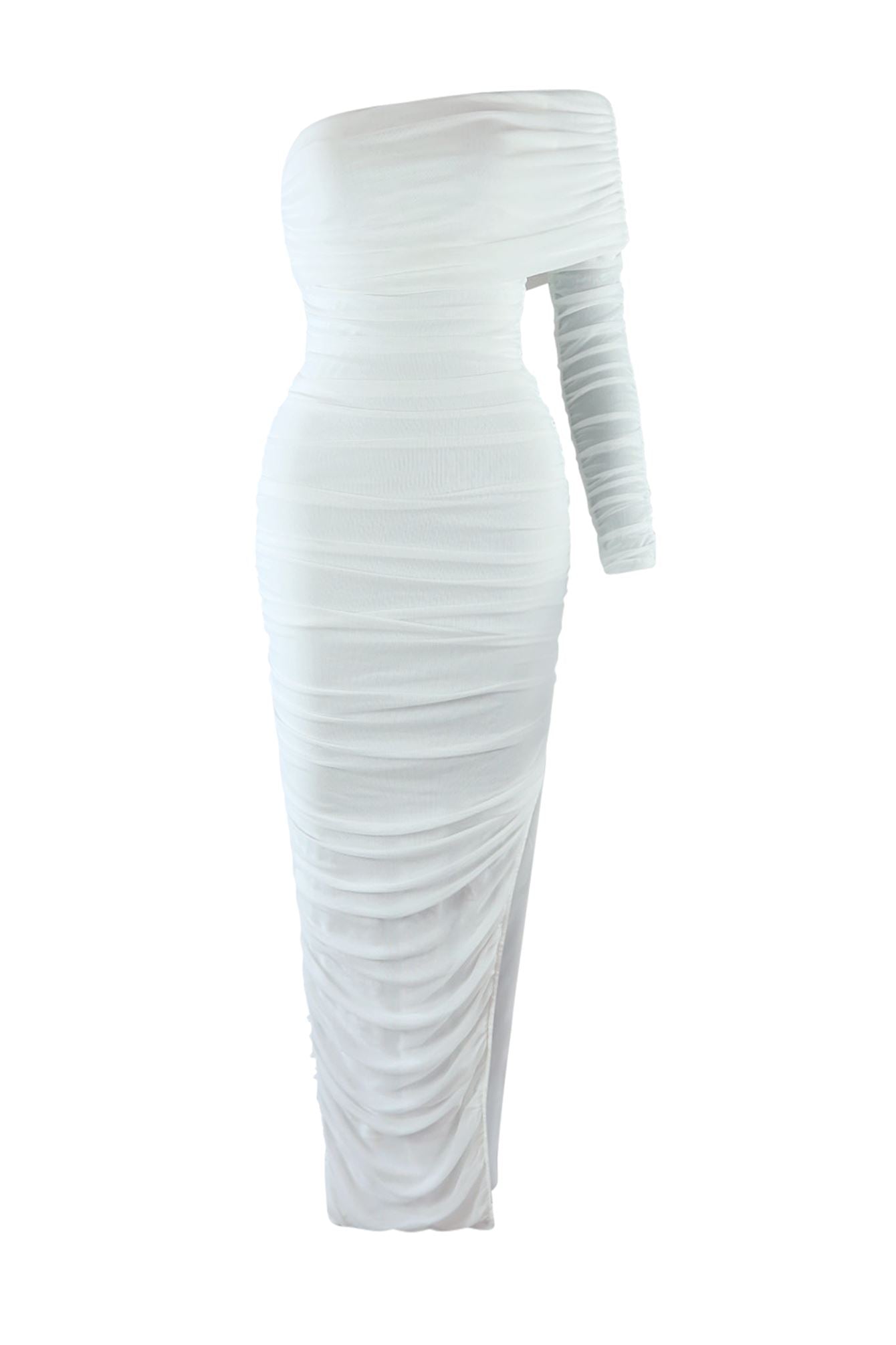 So Dramatic Mesh Ruched One Sleeve Dress