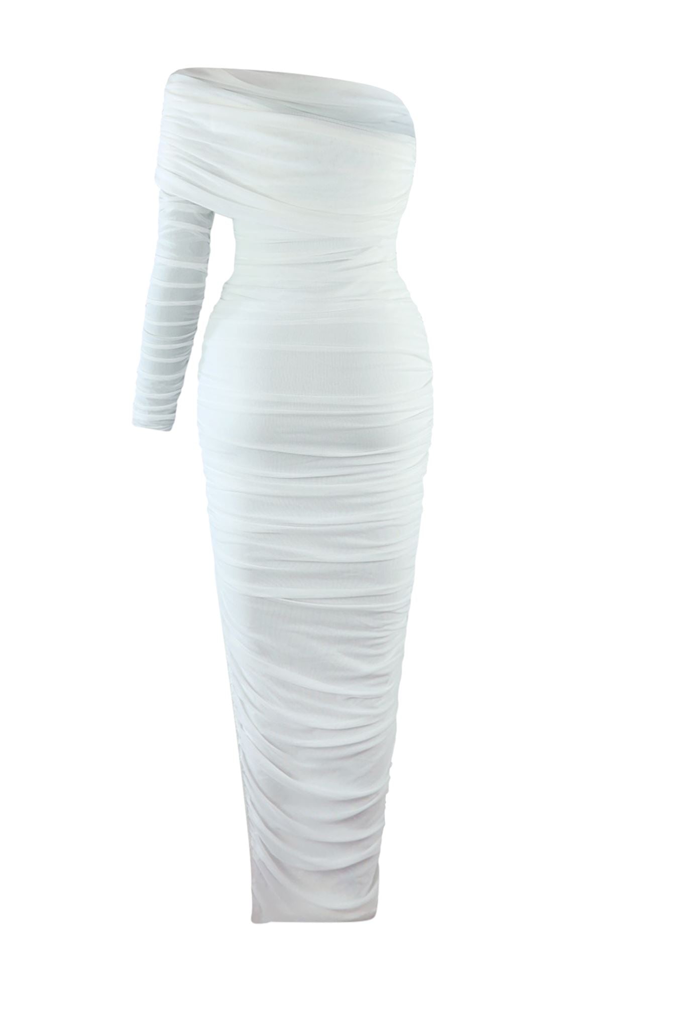 So Dramatic Mesh Ruched One Sleeve Dress