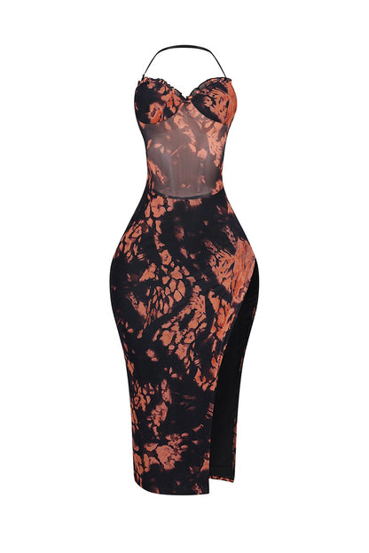 Quinn Mesh Print Strappy Slit Midi Dress