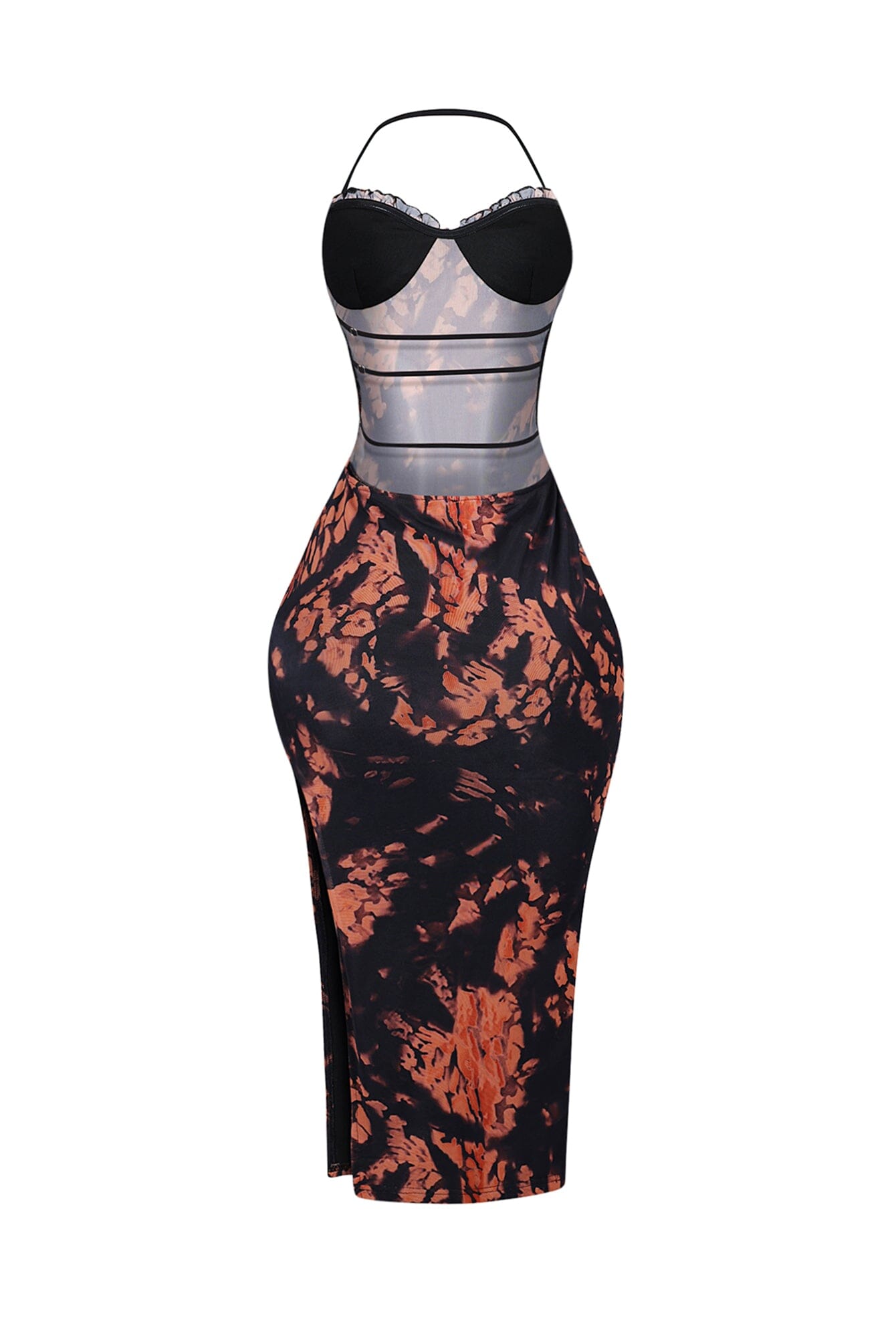 Quinn Mesh Print Strappy Slit Midi Dress