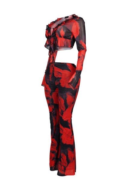 Perry Mesh Print Ruffle Top & Pants SET